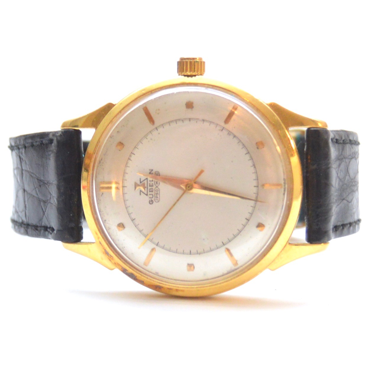 18K Yellow Gold Gübelin Watch with Black Leather Band