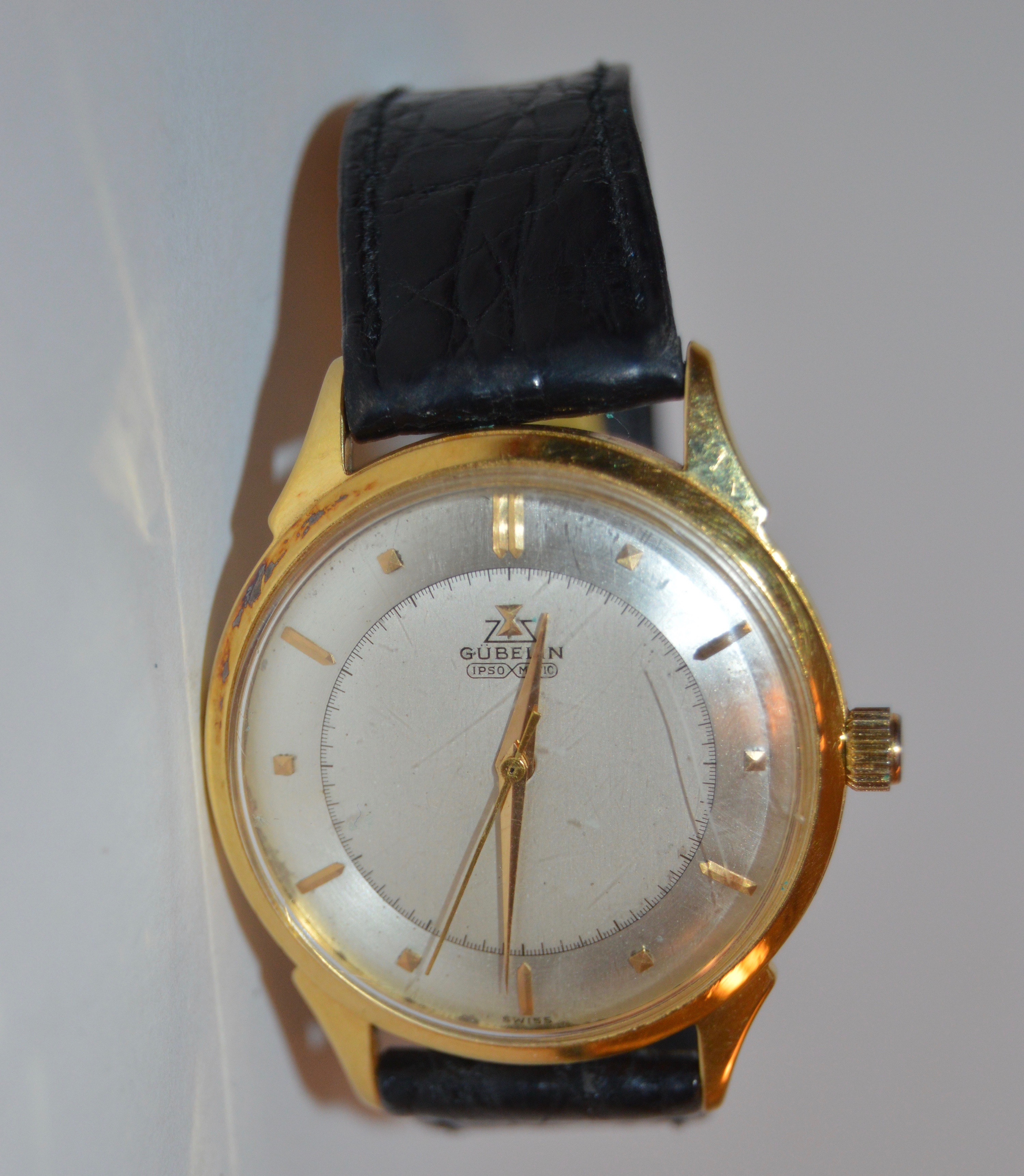 18K Yellow Gold Gübelin Watch with Black Leather Band
