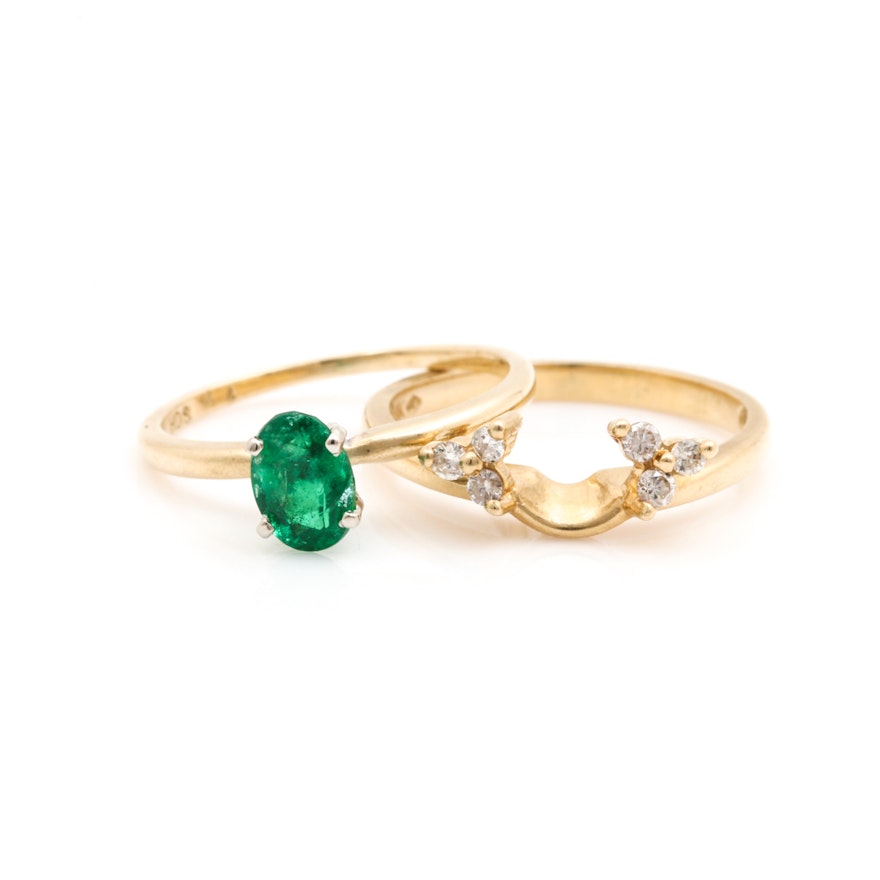 14K Yellow Gold Emerald and Diamond Ring Wrap Set