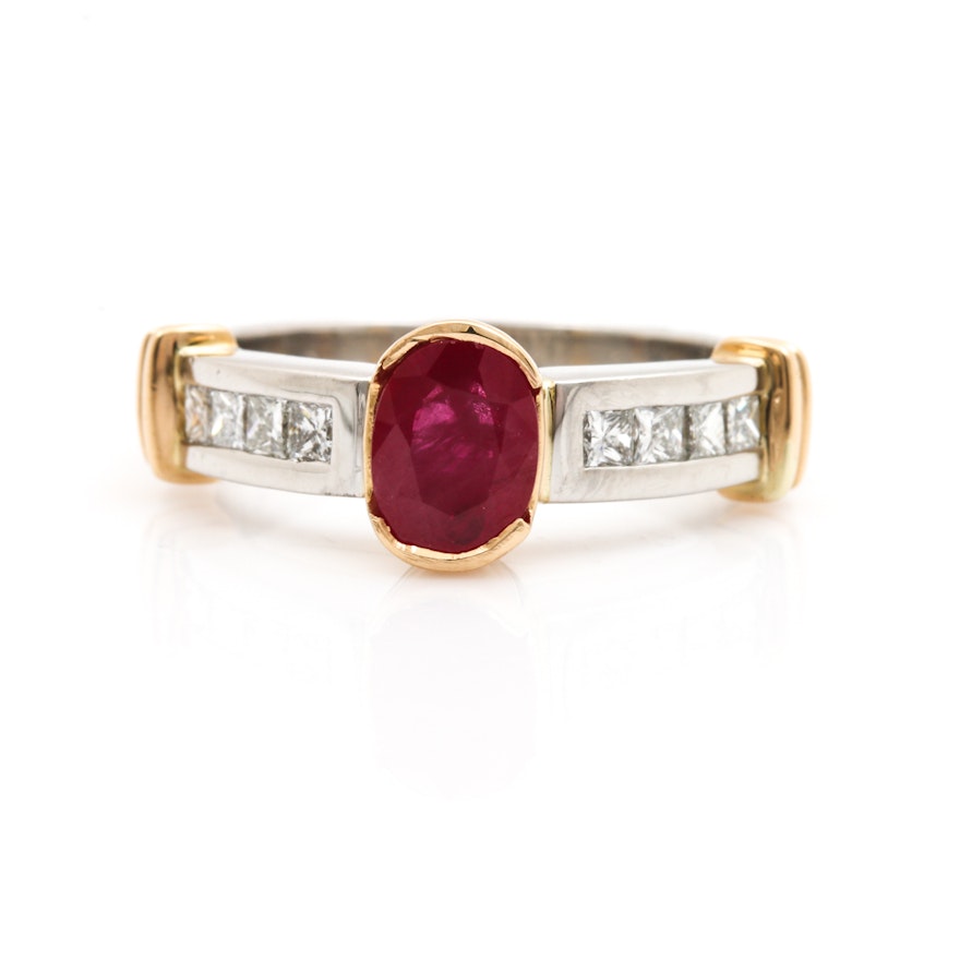 Platinum Ruby and Diamond Ring with 18K Yellow Gold Accents