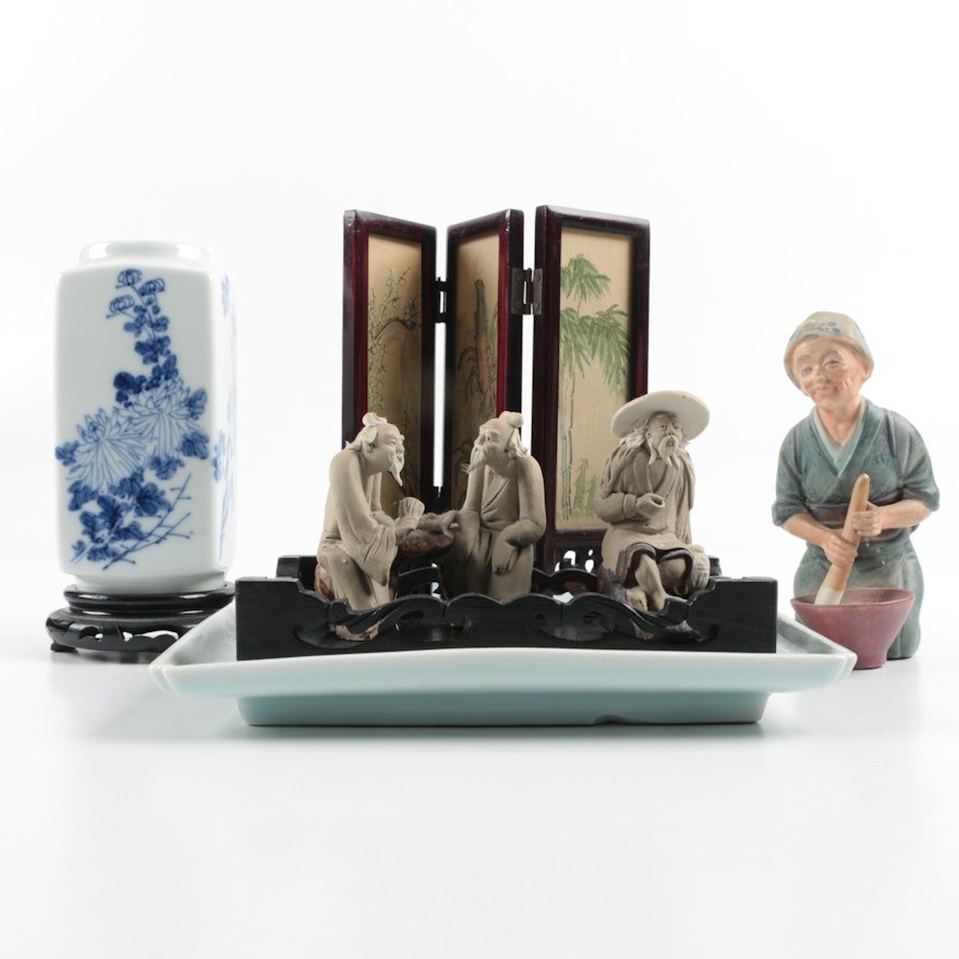 East Asian Decor Including Miniature Woodblock Screen