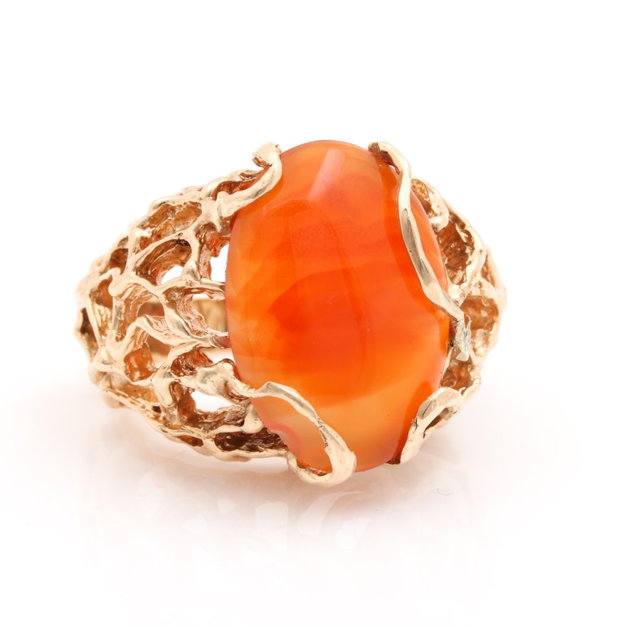 14K Yellow Gold Banded Agate Ring in Brutalist Style