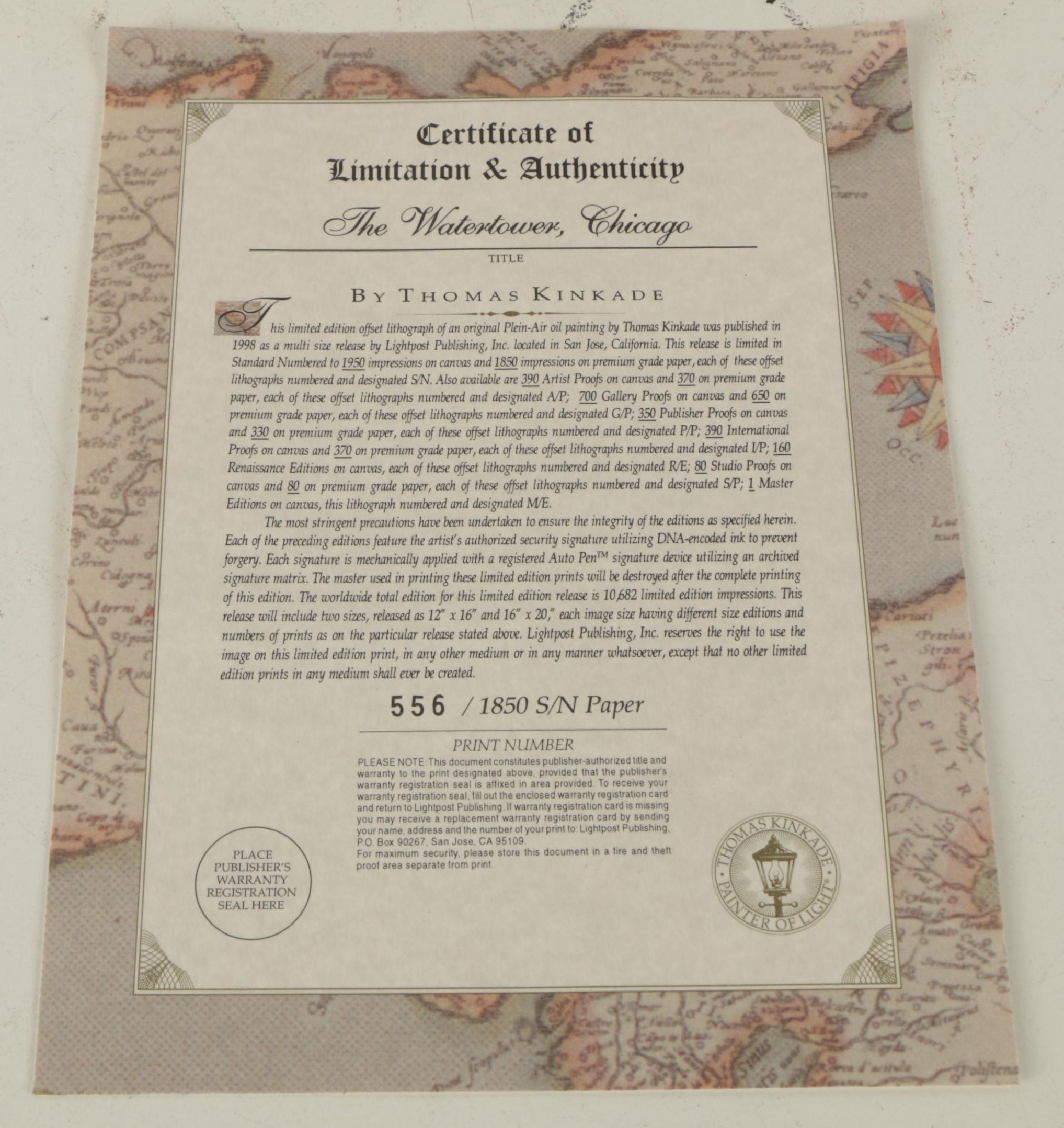 Thomas Kinkade Limited Edition Offset Lithograph "The Watertower, Chicago"