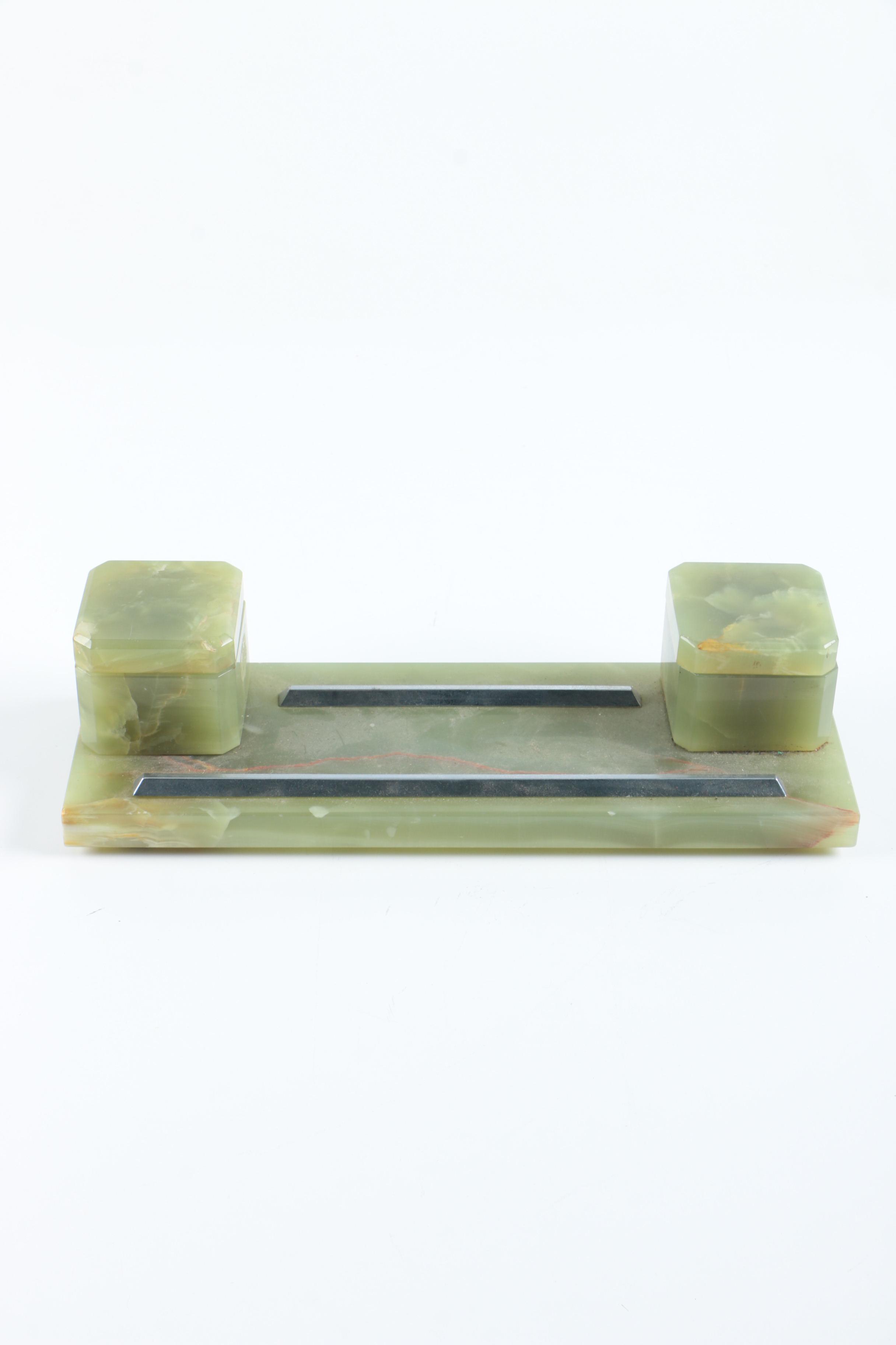 Green Calcite Pen Holder with Inkwells
