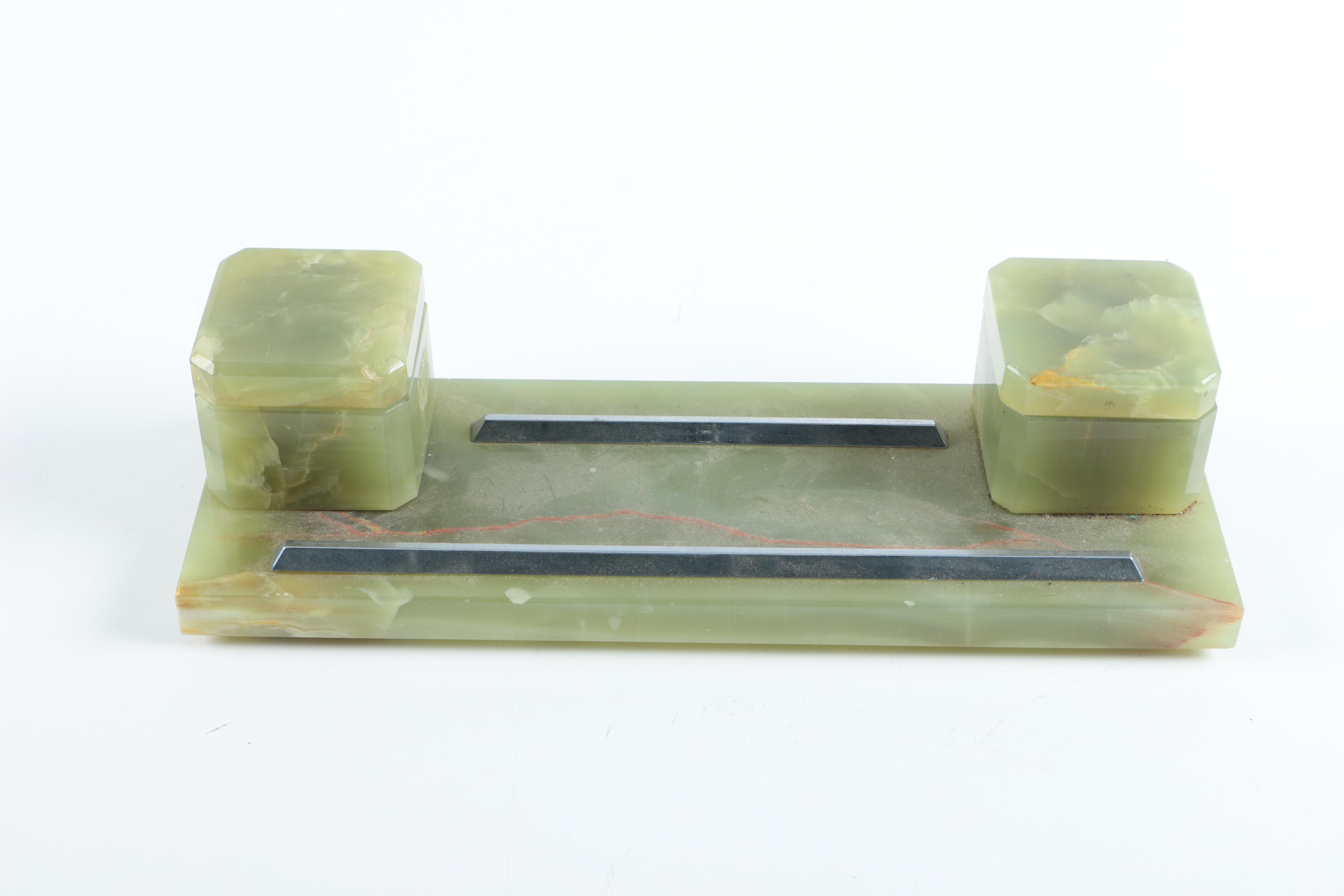 Green Calcite Pen Holder with Inkwells