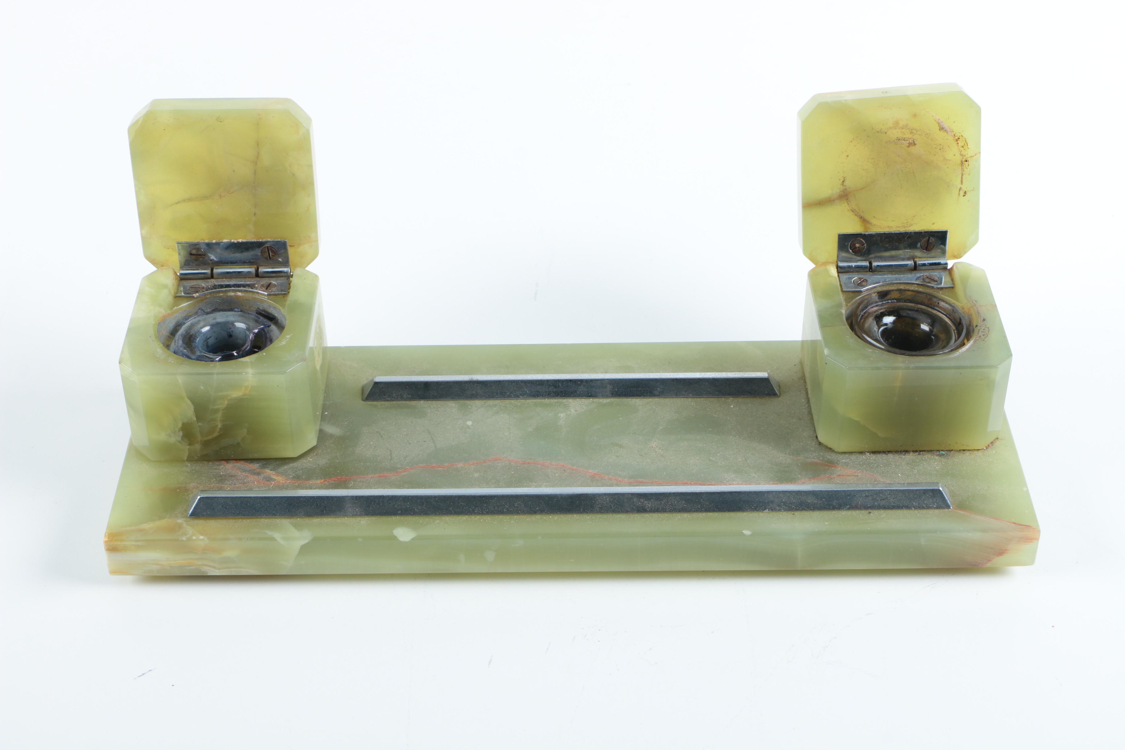 Green Calcite Pen Holder with Inkwells