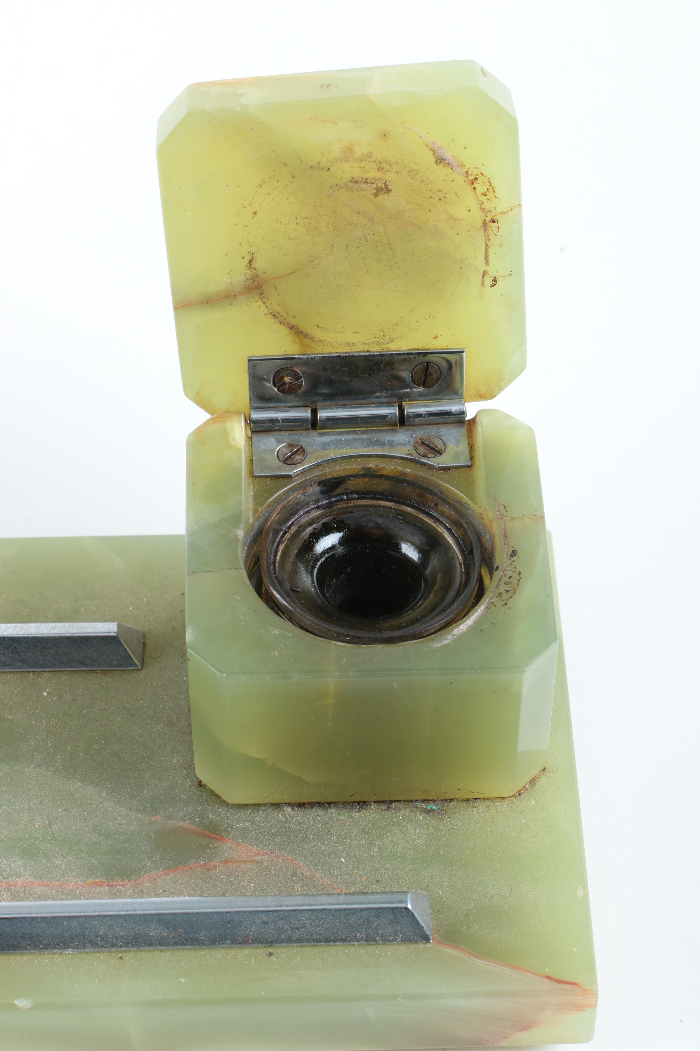 Green Calcite Pen Holder with Inkwells