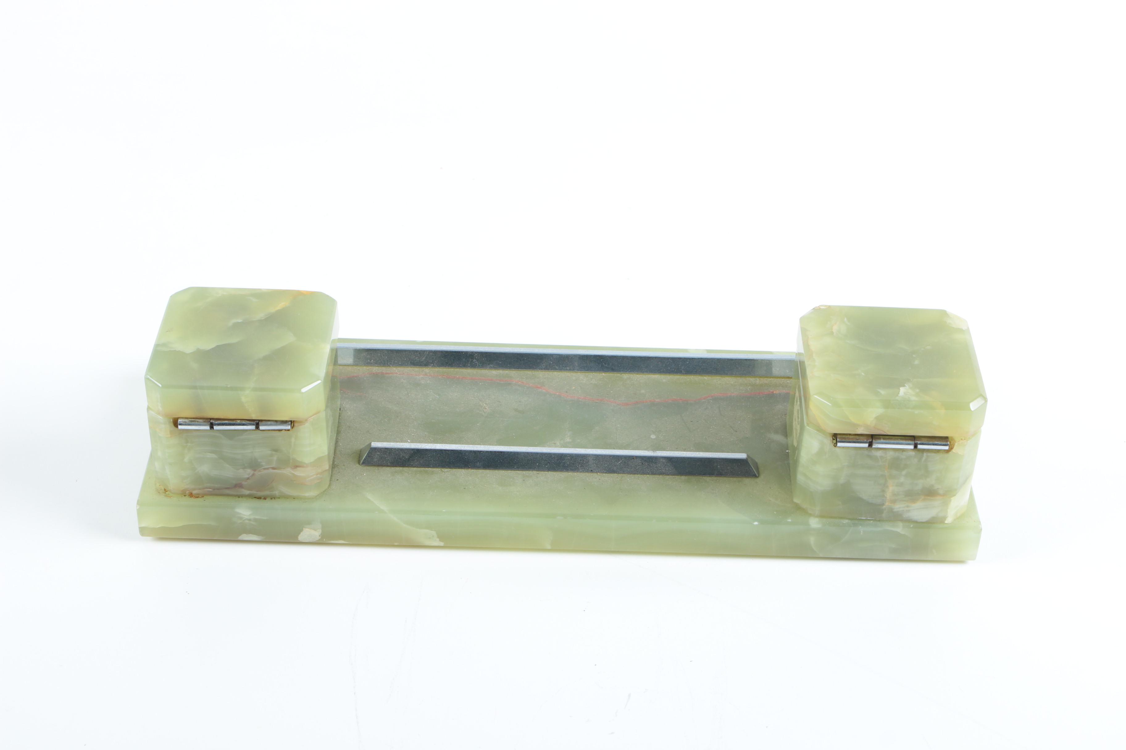 Green Calcite Pen Holder with Inkwells