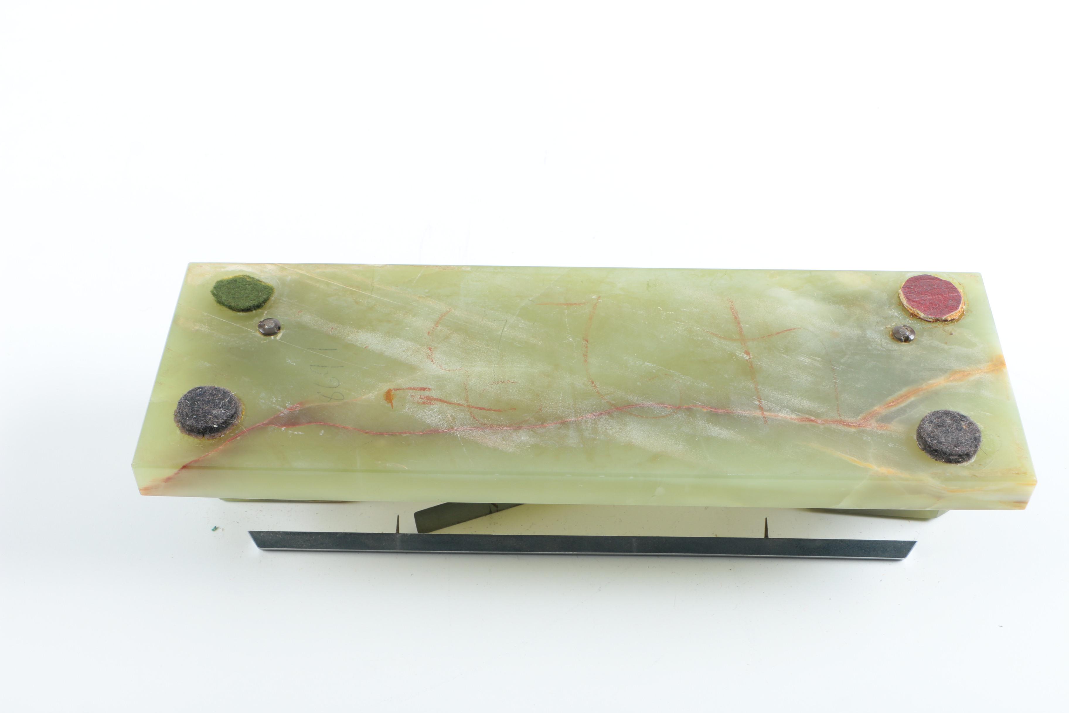 Green Calcite Pen Holder with Inkwells