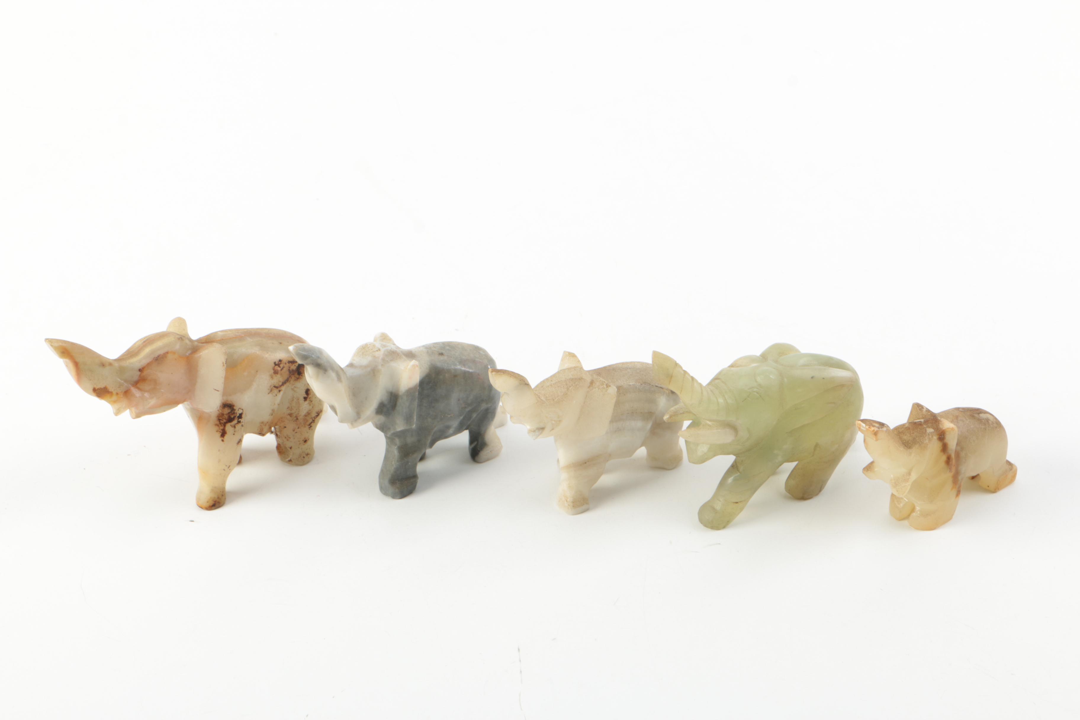 Carved Agate and Soapstone Elephant Figurines