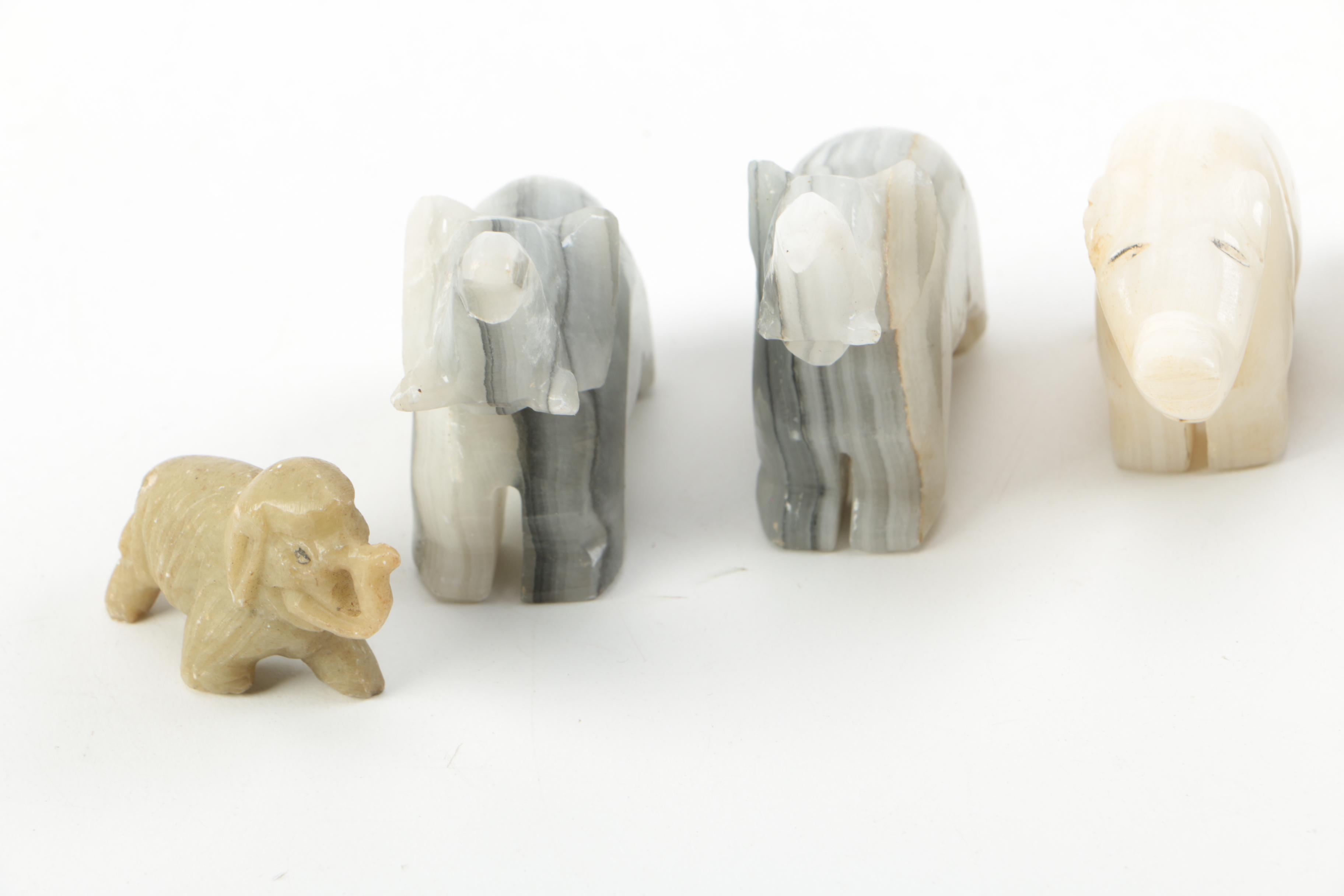 Carved Agate and Soapstone Elephant Figurines