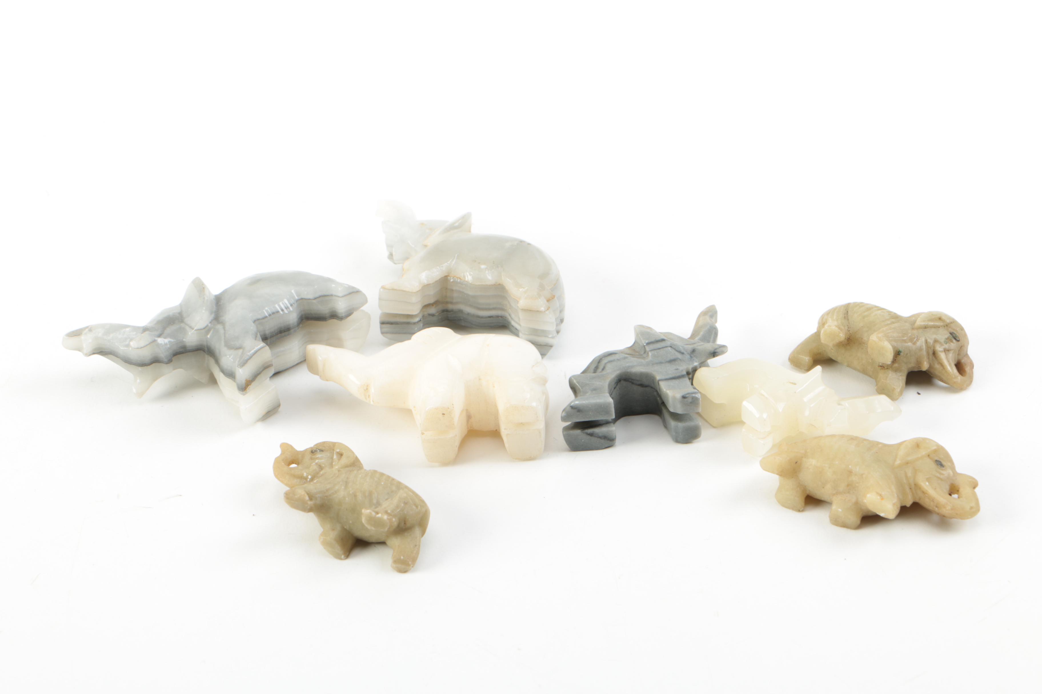 Carved Agate and Soapstone Elephant Figurines