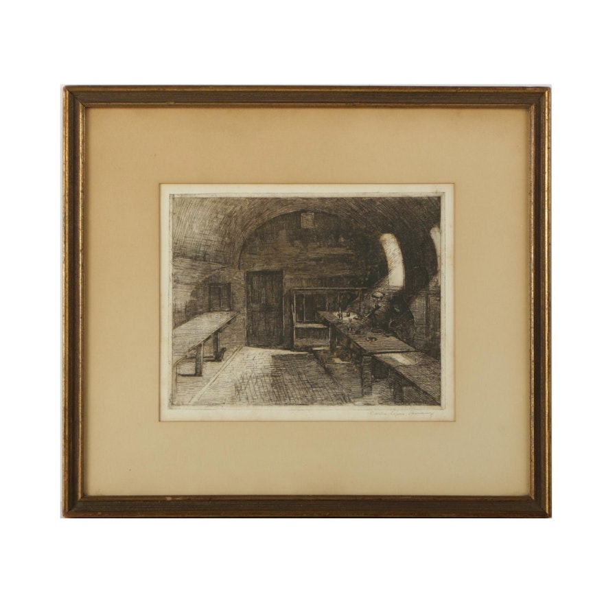 Carlo Gino Vevanzi Etching on Paper of an Interior Scene