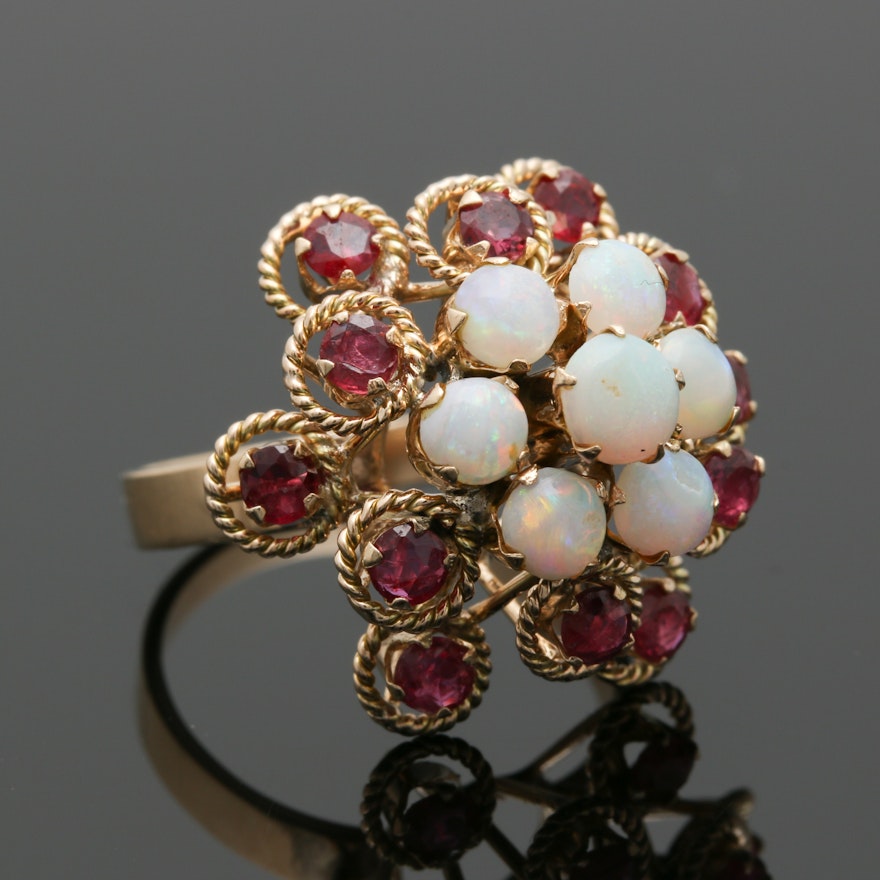 14K Yellow Gold Opal and Ruby Cluster Ring