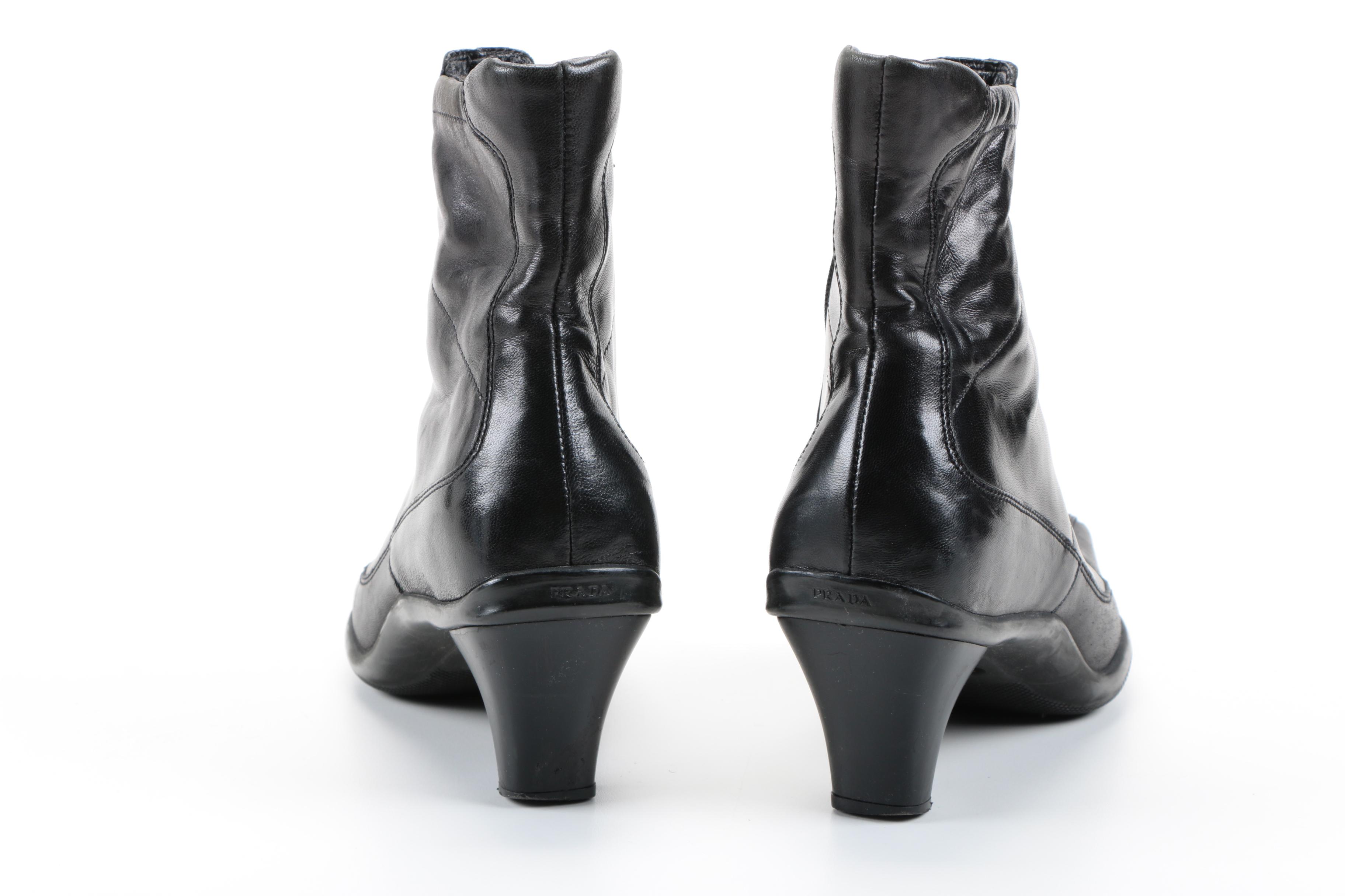 Prada Black Leather Ankle Boots