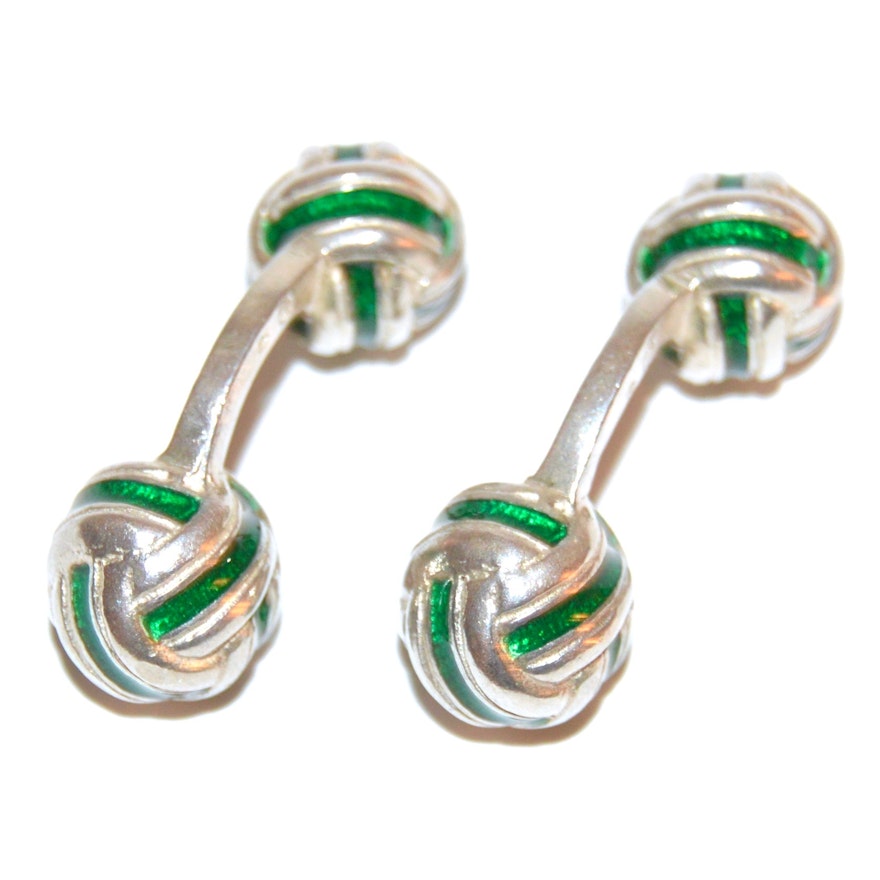 Sterling Knotted Cufflinks with Green Enamel Inlay