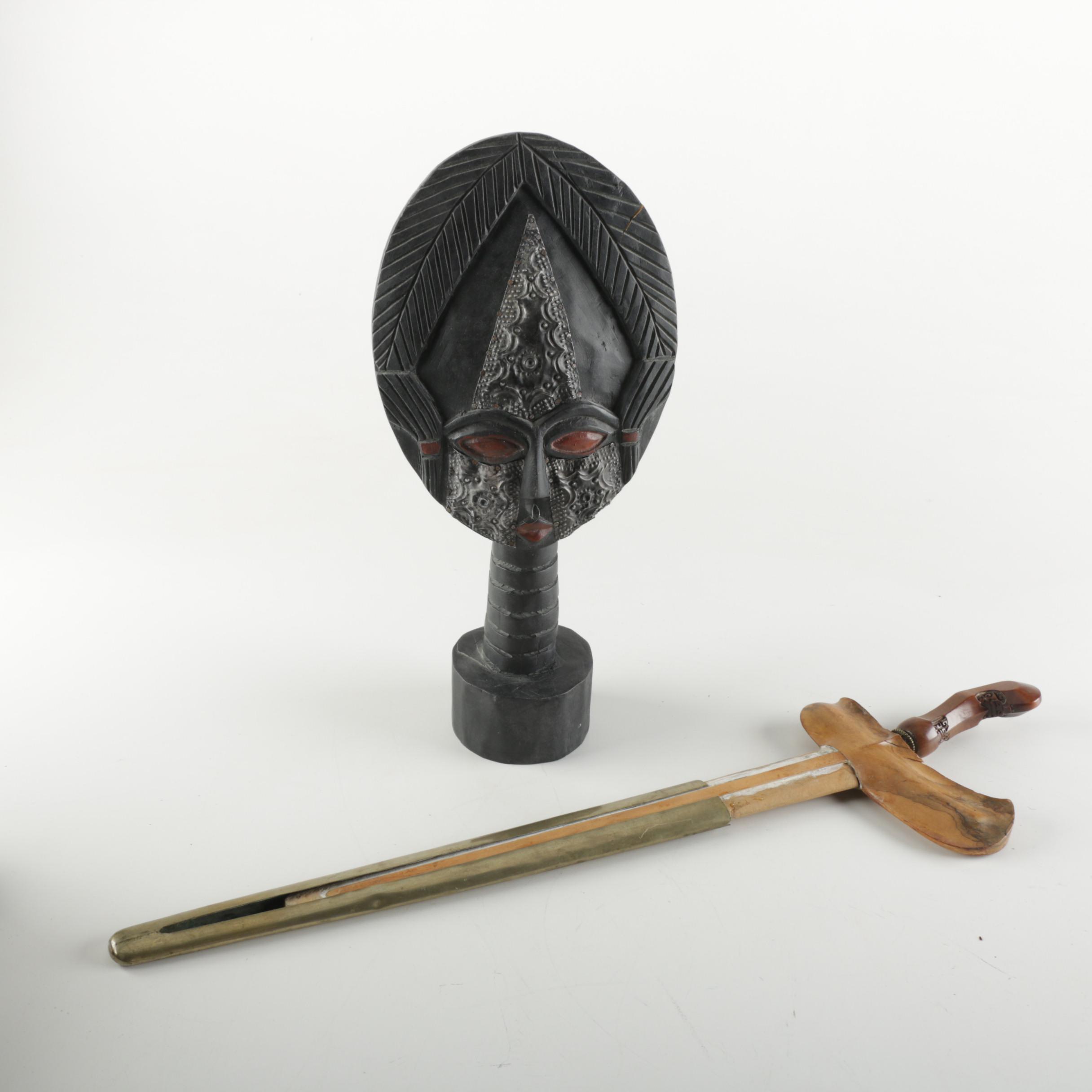 Carved Wood African Sculpture and  Asian Style Wooden Sword