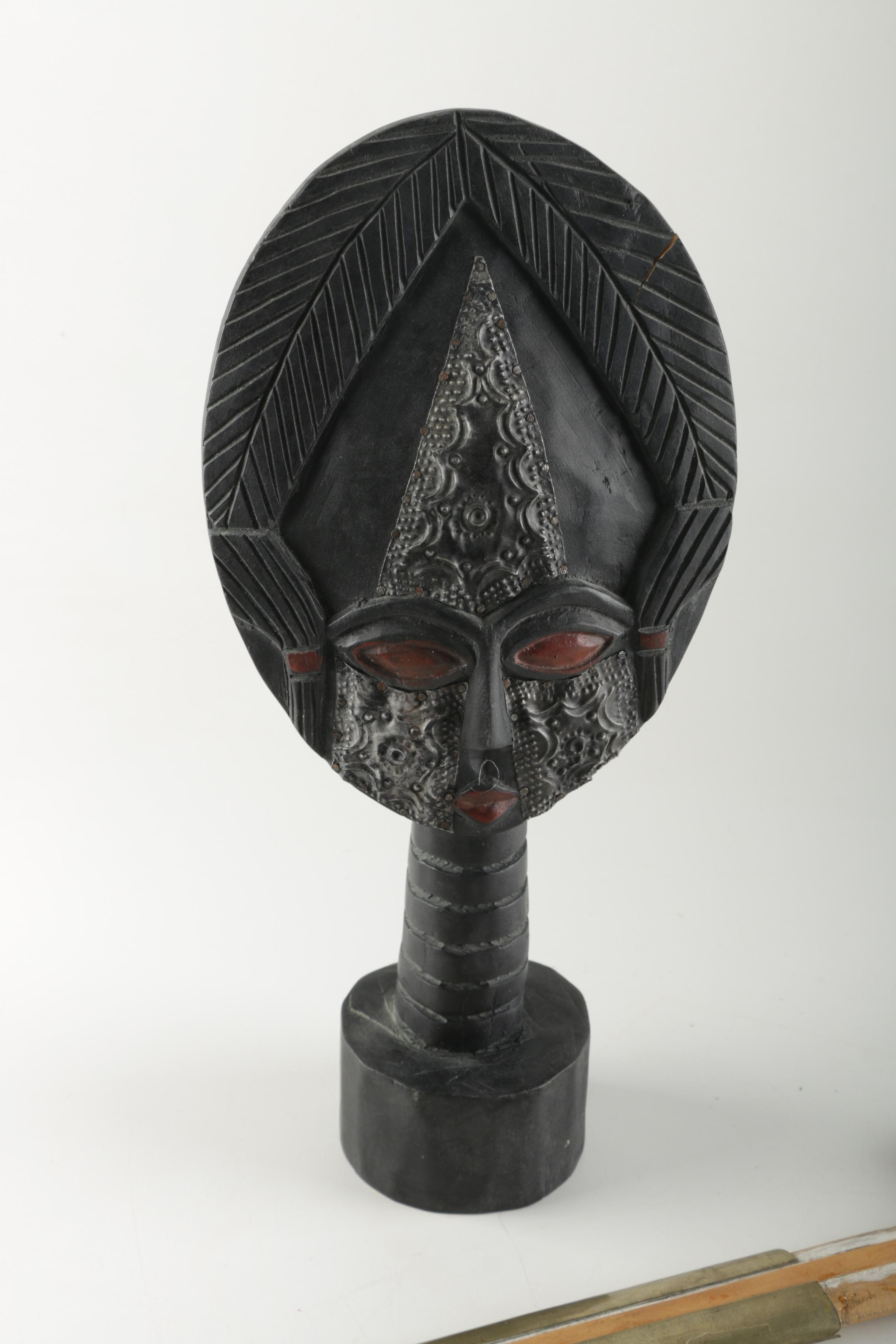 Carved Wood African Sculpture and  Asian Style Wooden Sword