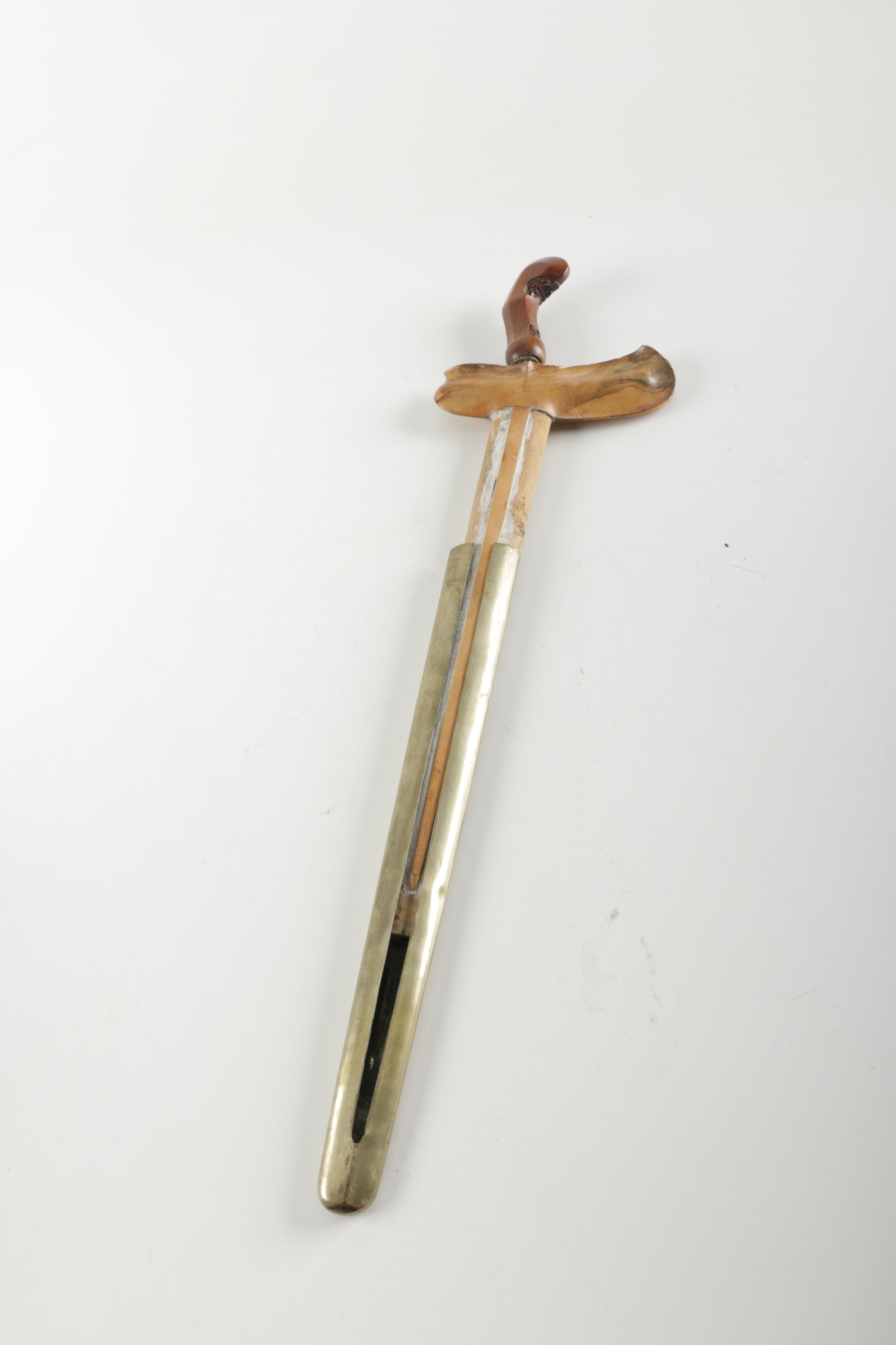 Carved Wood African Sculpture and  Asian Style Wooden Sword