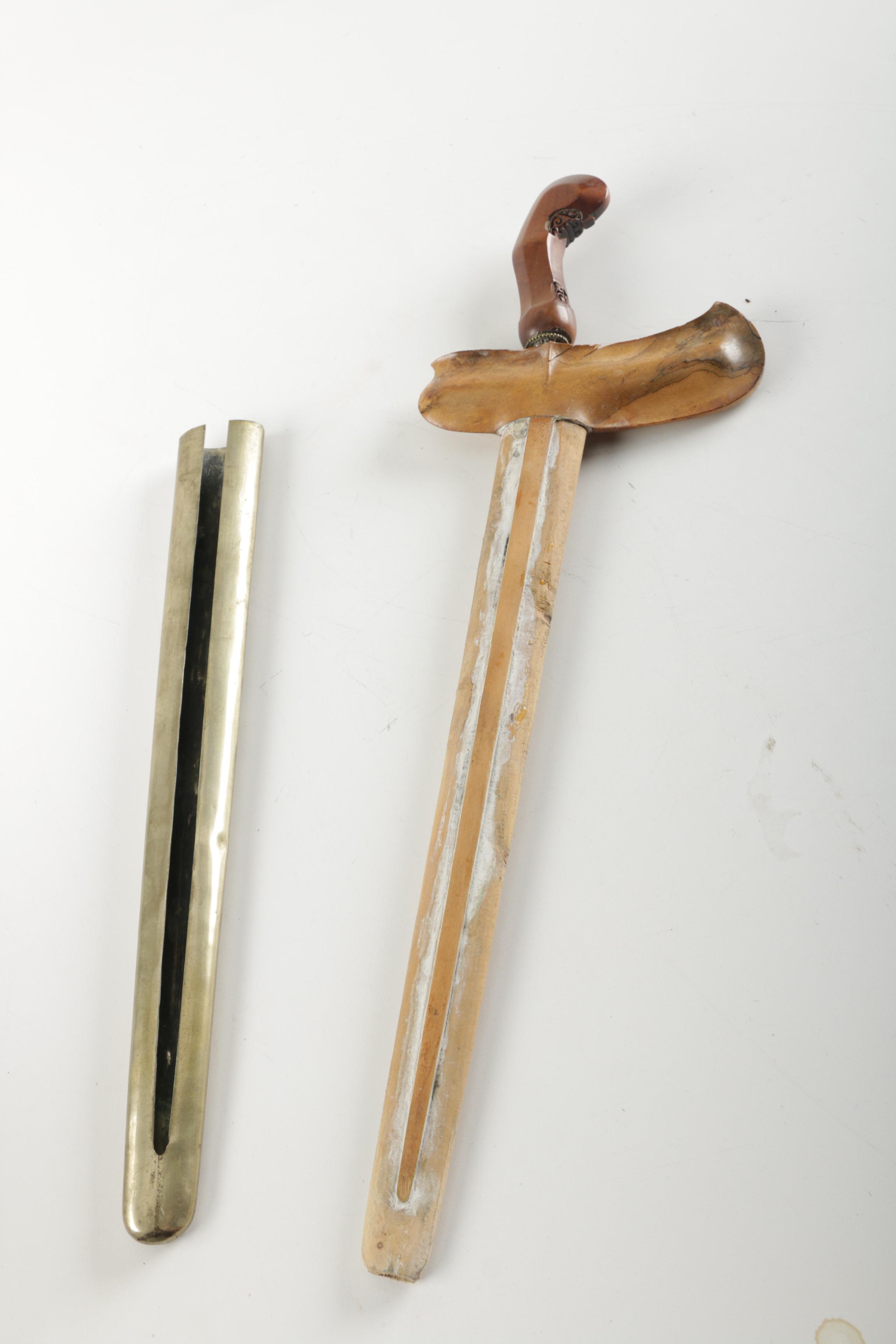 Carved Wood African Sculpture and  Asian Style Wooden Sword