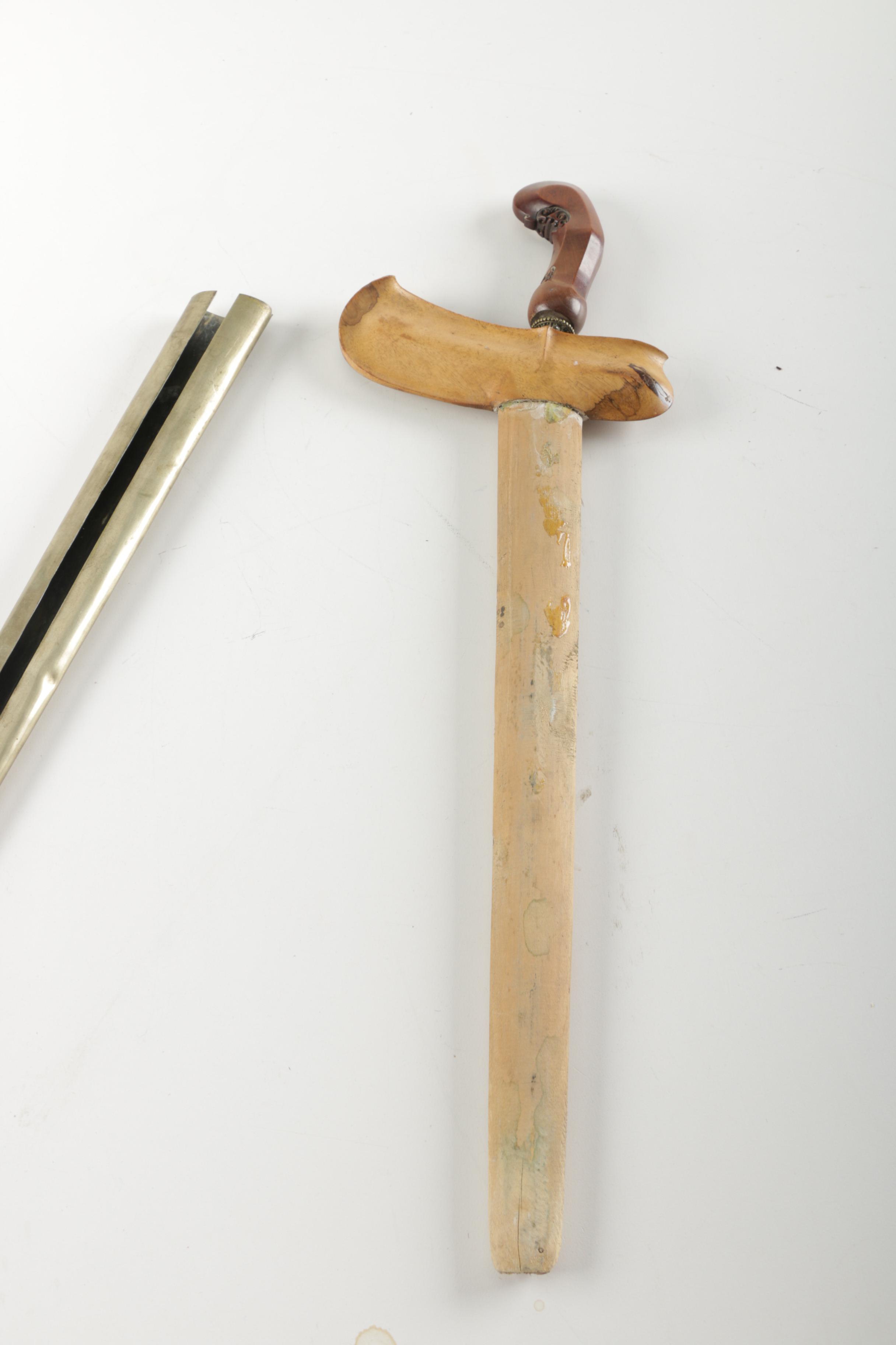 Carved Wood African Sculpture and  Asian Style Wooden Sword