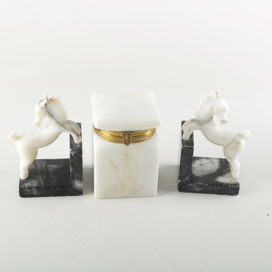 Alabaster and Marble Bookends with Alabaster Container
