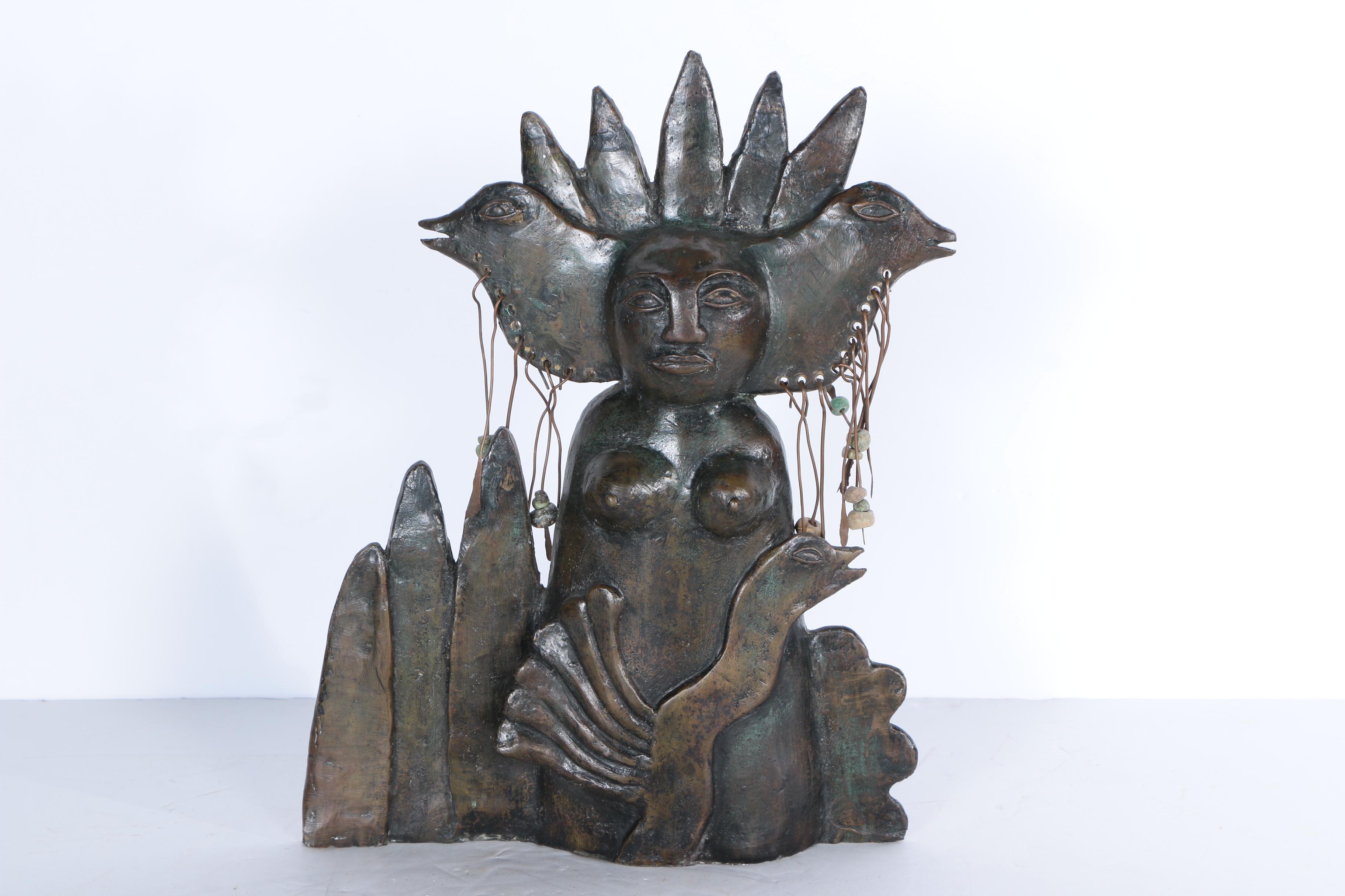 Jesus Tellosa 1987 Bronze Sculpture of Female Figure with Birds