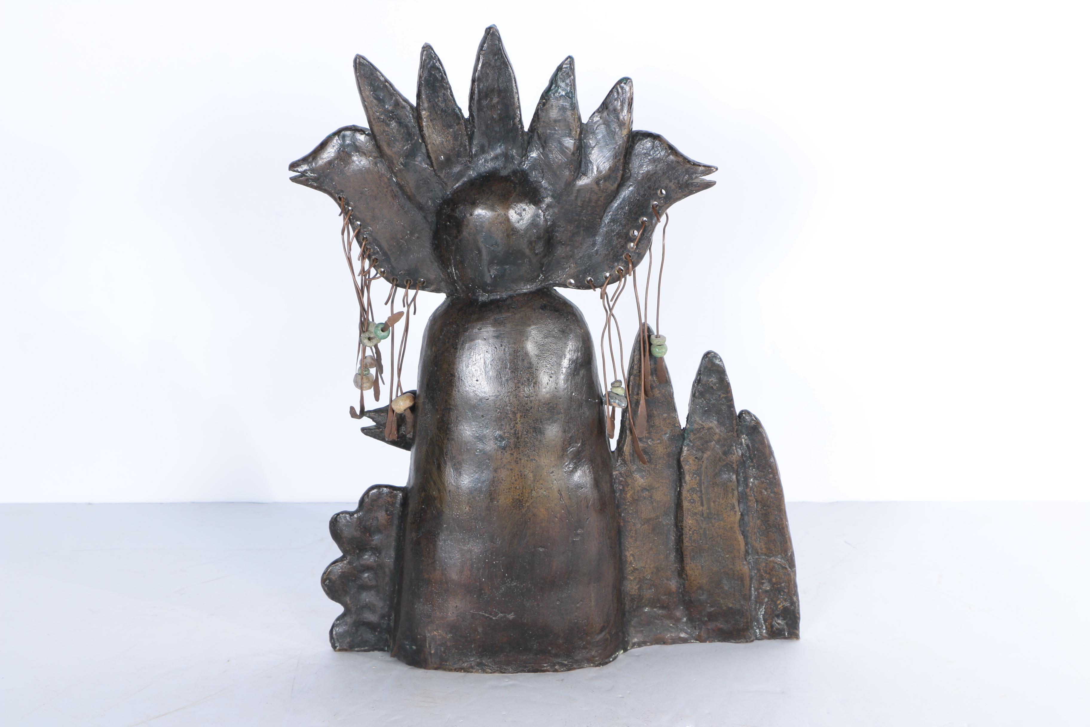 Jesus Tellosa 1987 Bronze Sculpture of Female Figure with Birds