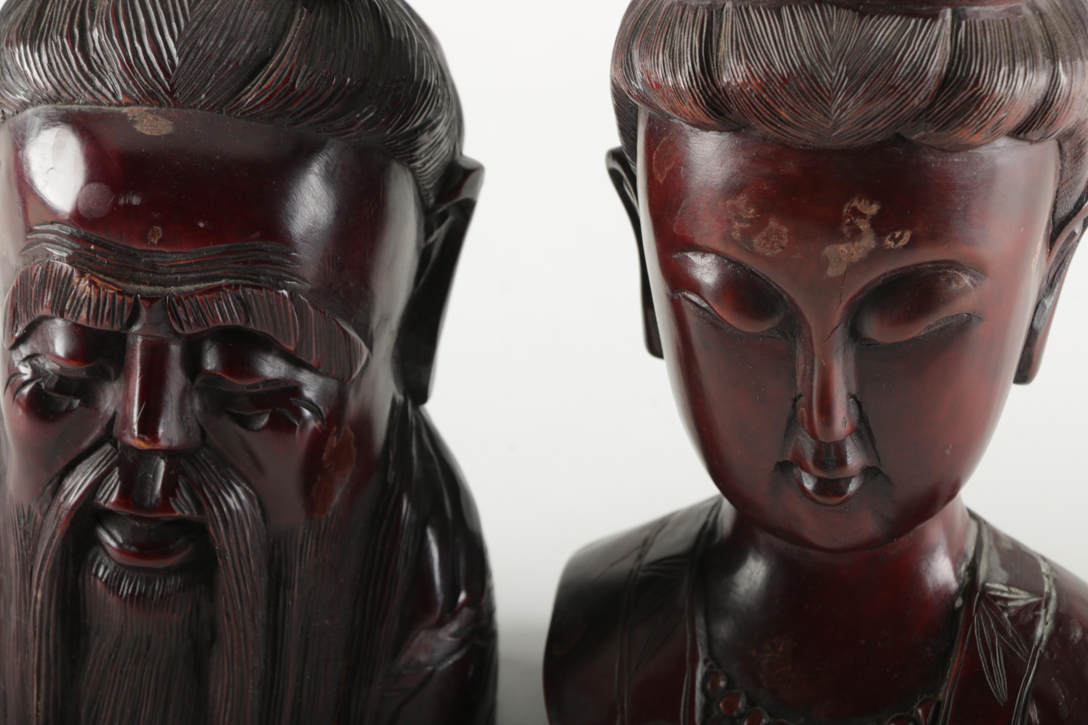 Chinese Carved Wooden Deity Busts