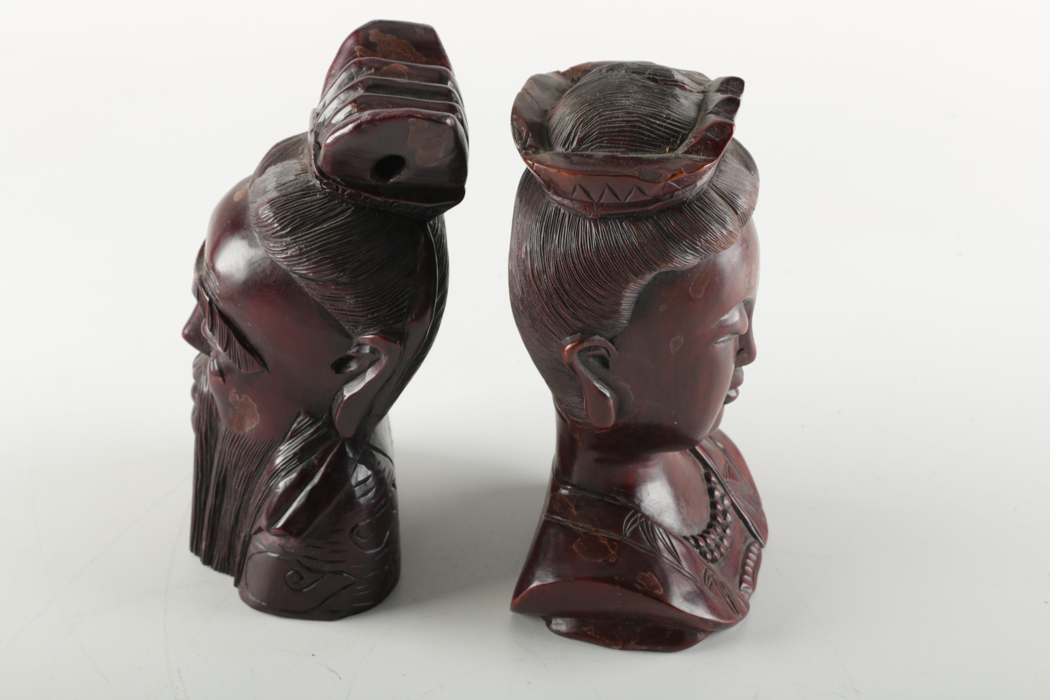 Chinese Carved Wooden Deity Busts