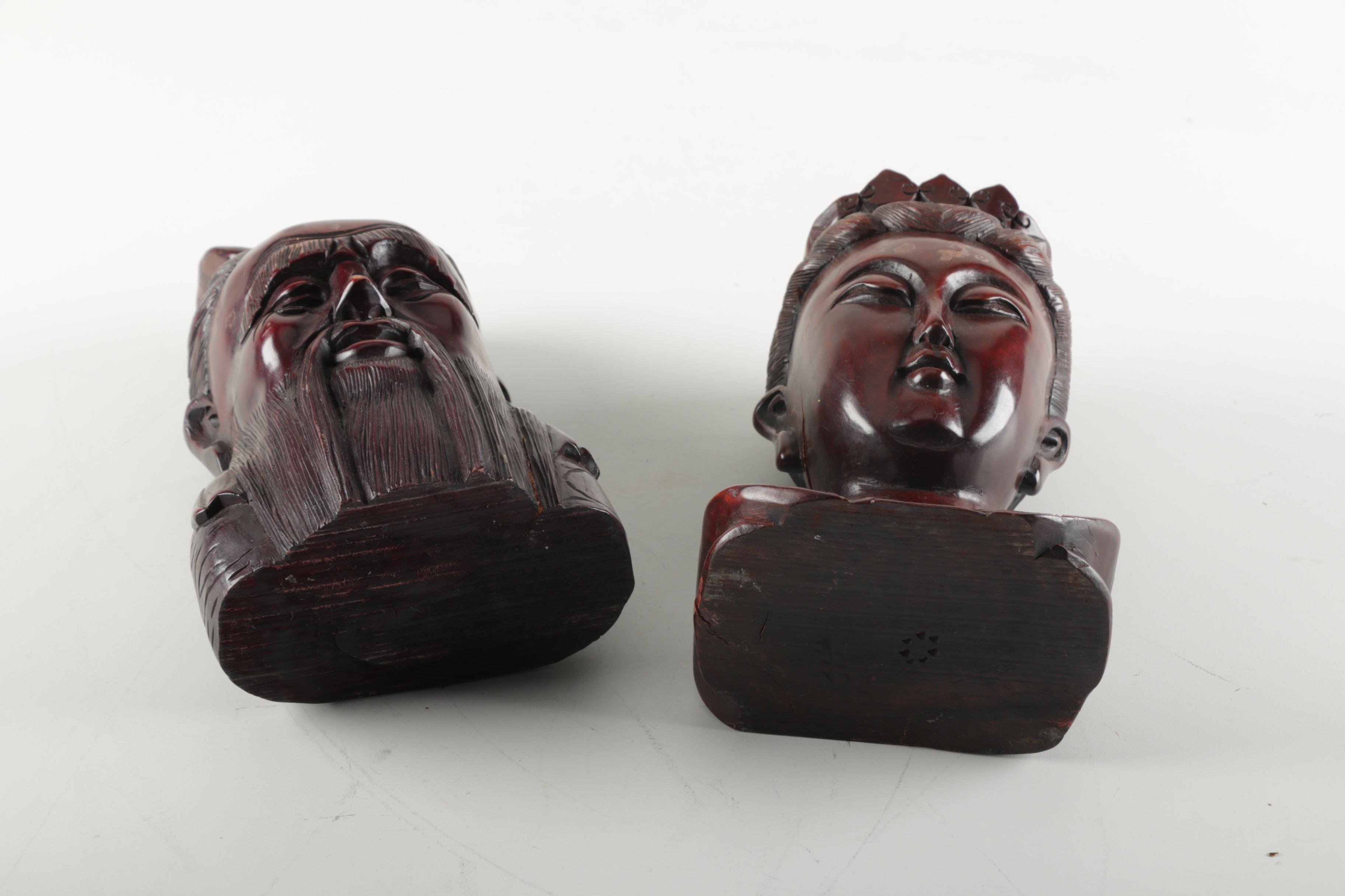 Chinese Carved Wooden Deity Busts