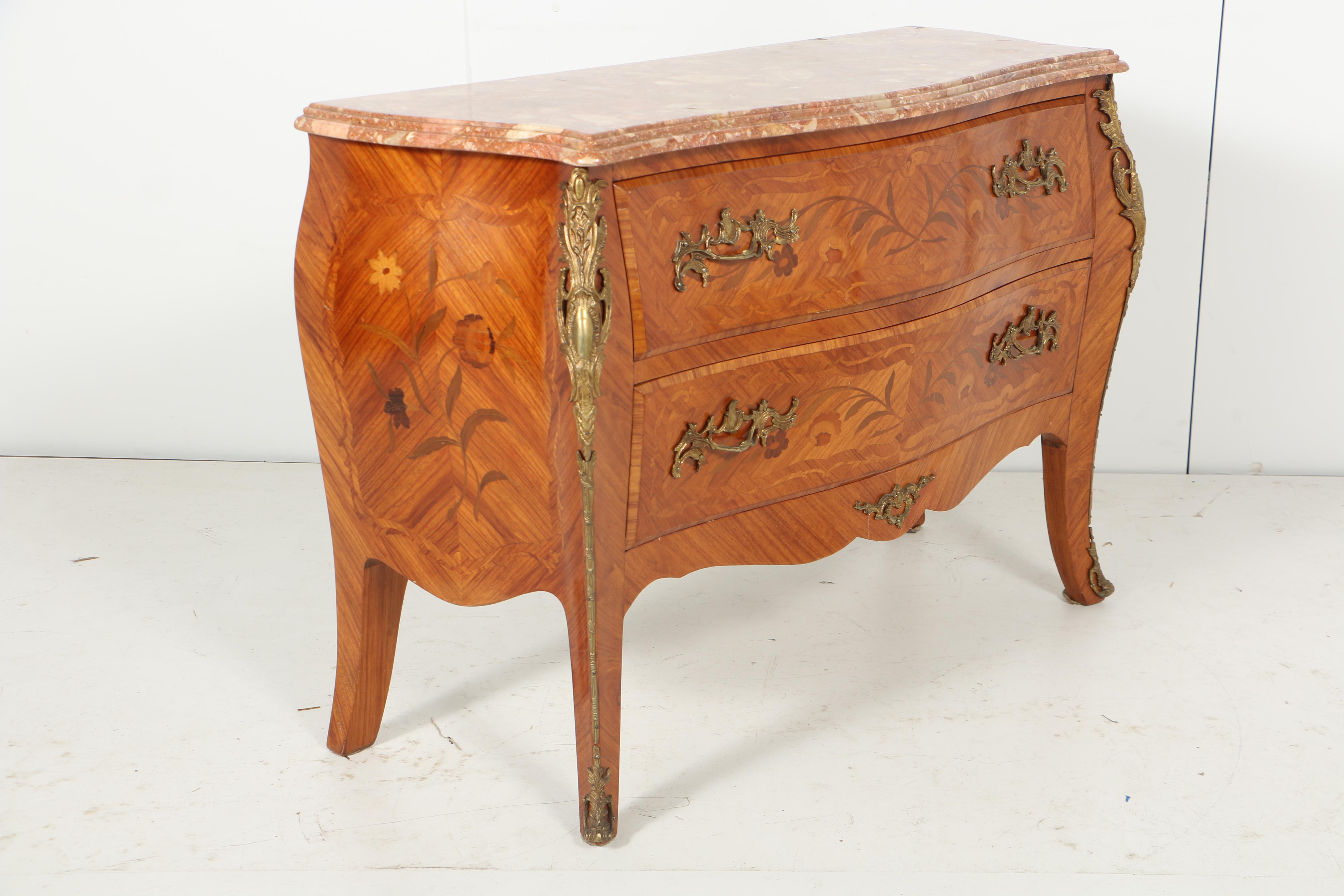 Vintage Louis XV Style Marquetry Commode with Marble Top