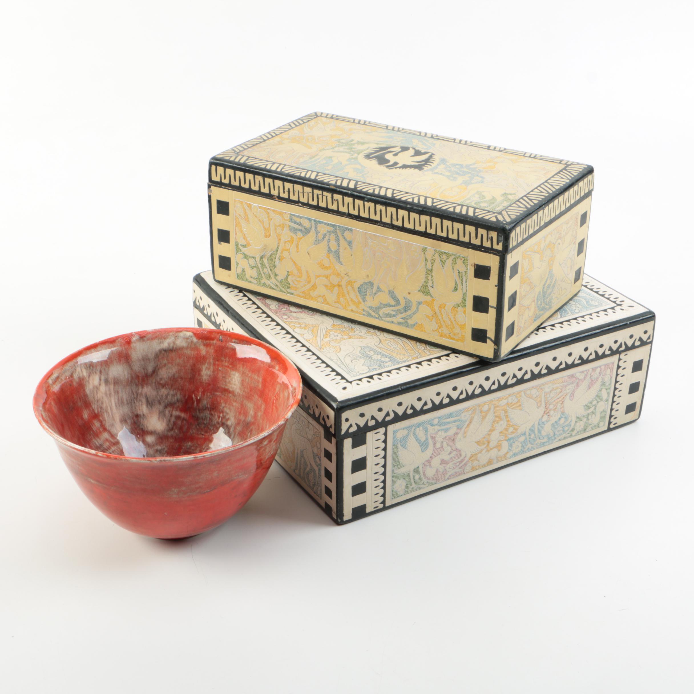Decorative Wood Boxes and a Ceramic Bowl