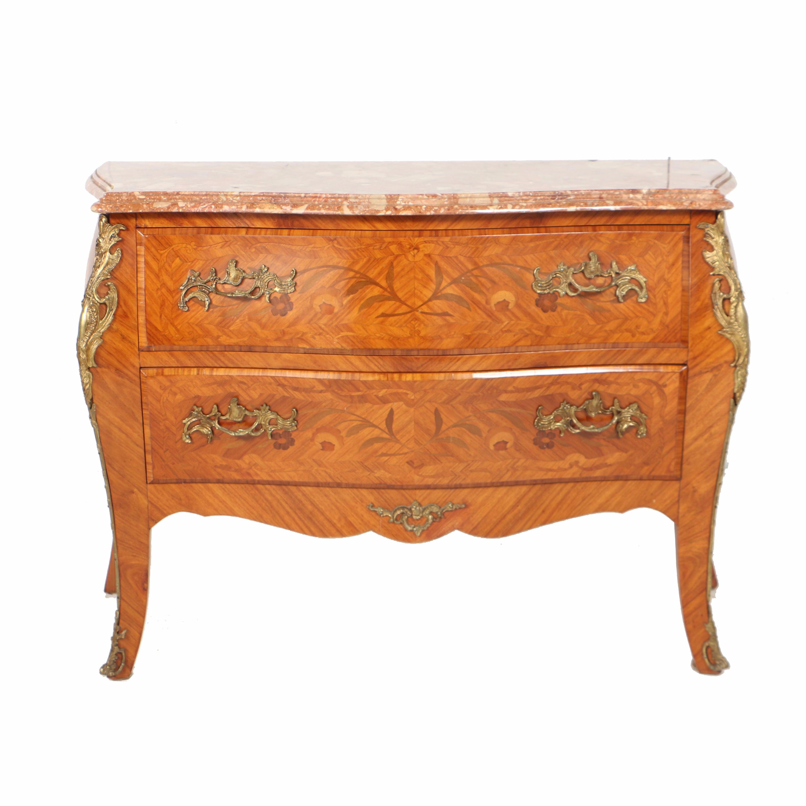 Vintage Louis XV Style Marquetry Commode with Marble Top