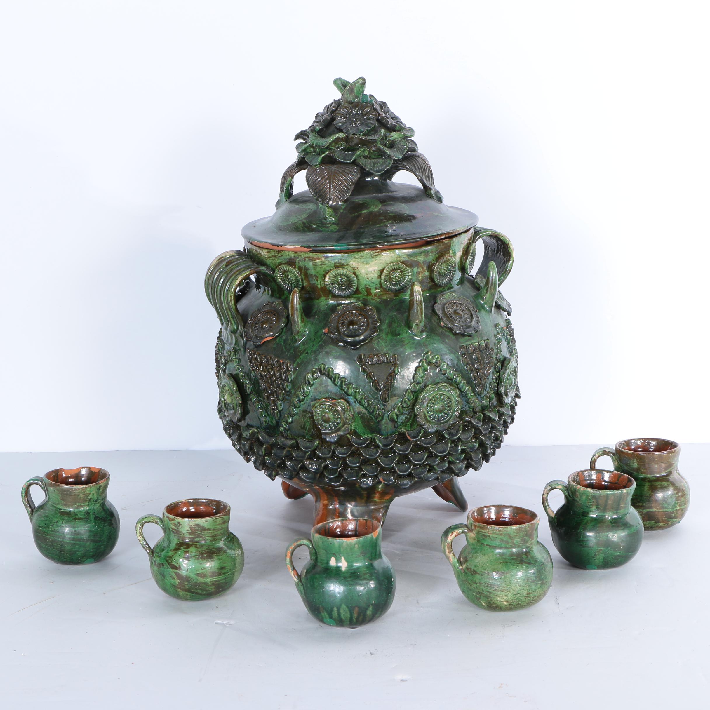 Vintage Mexican Pottery Pulque Pot with Cups