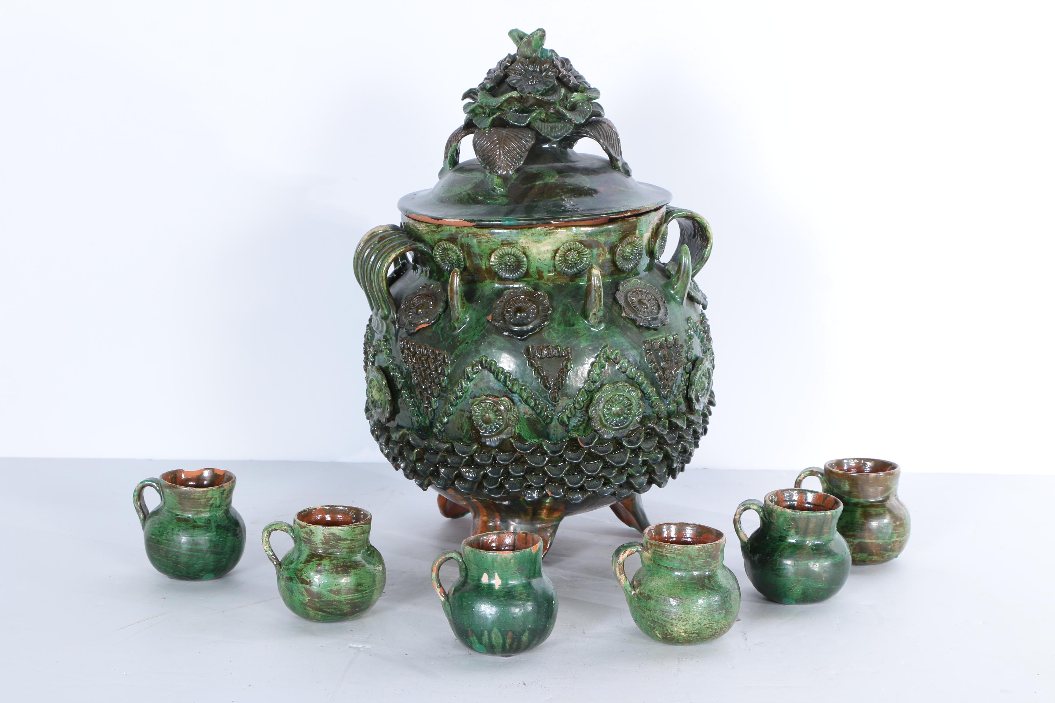 Vintage Mexican Pottery Pulque Pot with Cups