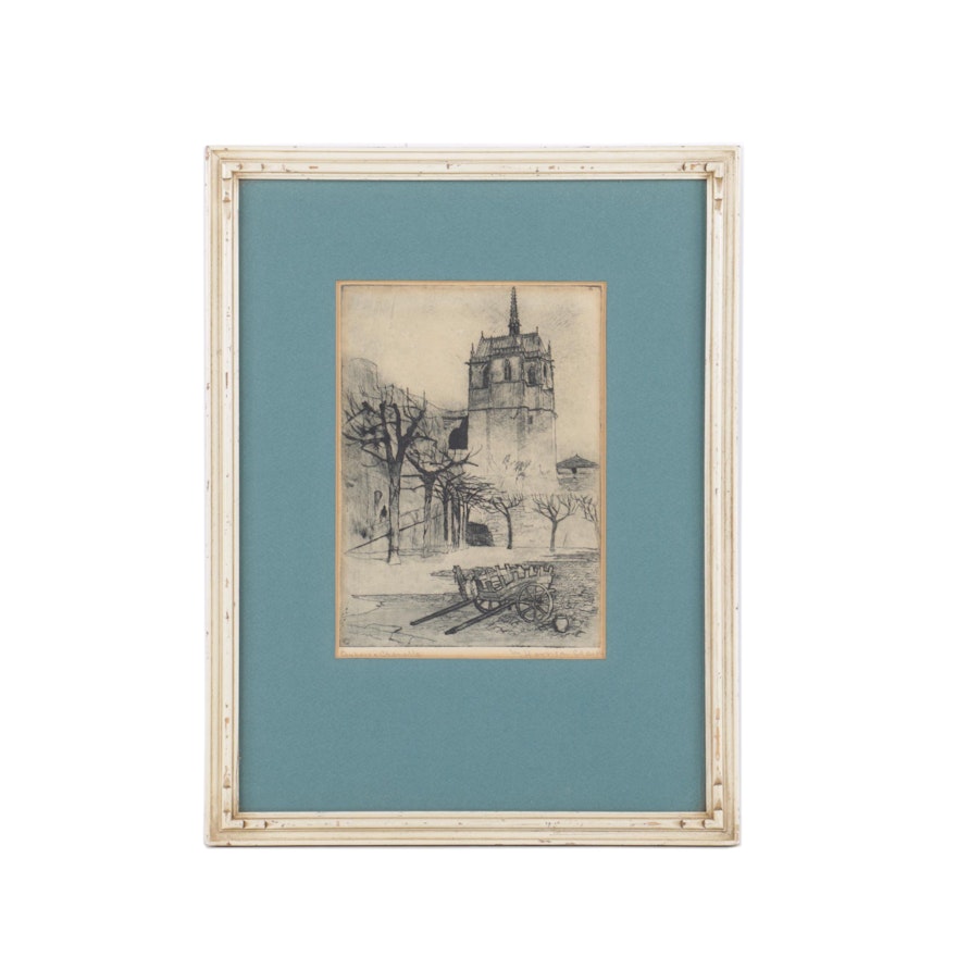 Harrison Clarke Mid Century Etching on Paper "Duboise Chapelle"