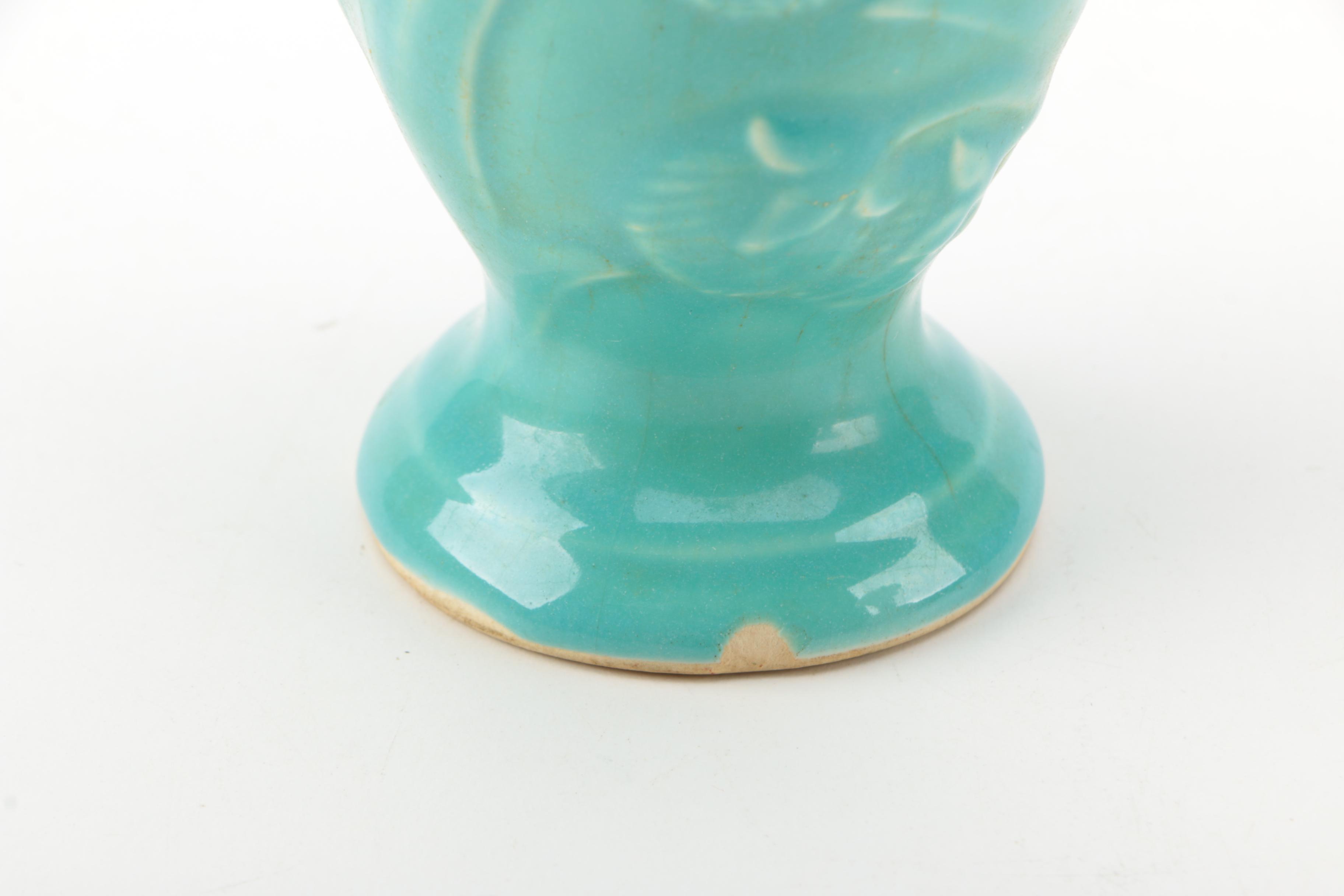 USA Pottery Aqua Ceramic Vase with Milk Glass Bud Vase