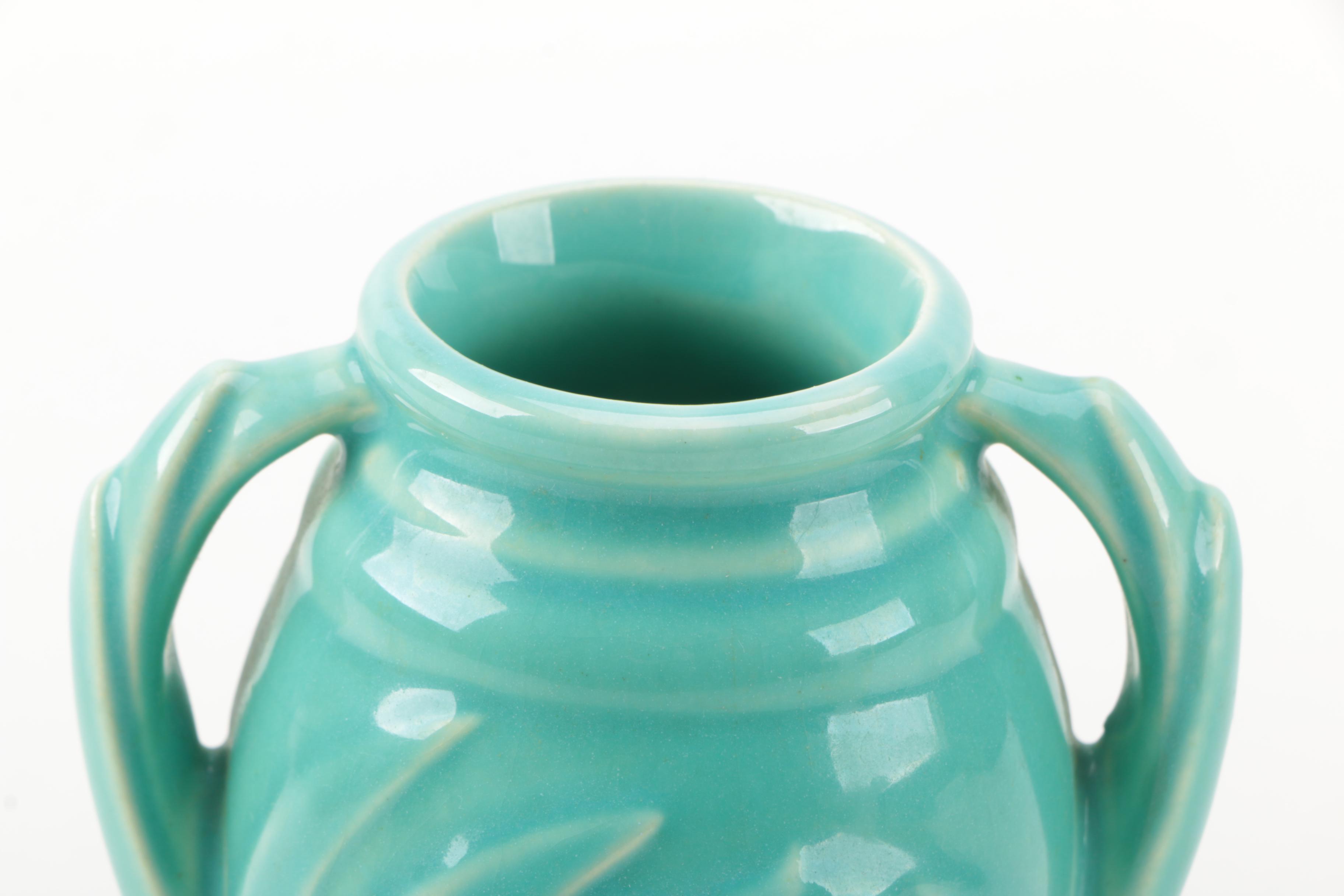 USA Pottery Aqua Ceramic Vase with Milk Glass Bud Vase