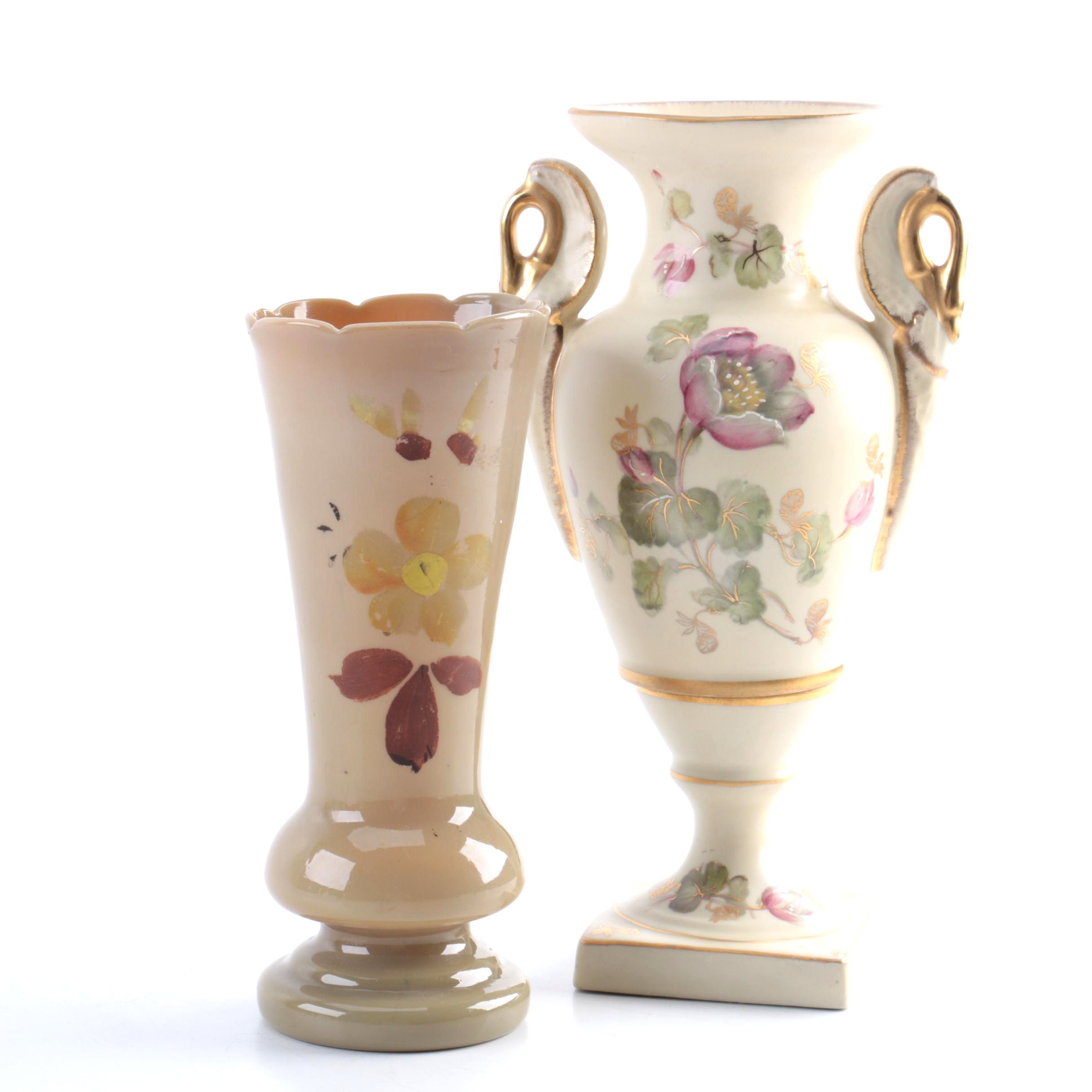 Hand Painted European Porcelain Urn with Glass Vase
