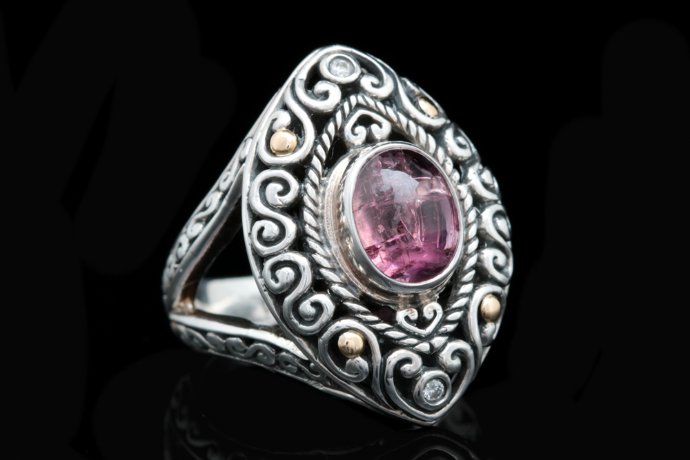 Robert Manse Sterling Silver, 18K Yellow Gold, Pink Tourmaline and Diamond Ring