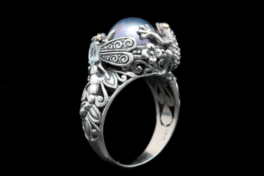 Sterling Silver, 18K Gold, Blue Mabé Pearl and Blue Topaz Cocktail Ring