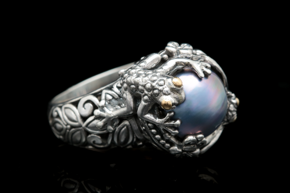 Sterling Silver, 18K Gold, Blue Mabé Pearl and Blue Topaz Cocktail Ring