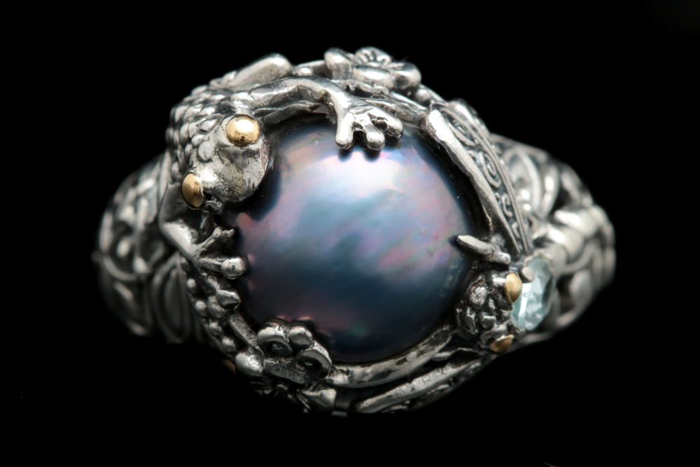 Sterling Silver, 18K Gold, Blue Mabé Pearl and Blue Topaz Cocktail Ring