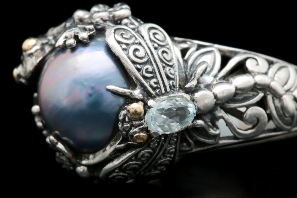 Sterling Silver, 18K Gold, Blue Mabé Pearl and Blue Topaz Cocktail Ring
