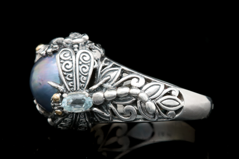Sterling Silver, 18K Gold, Blue Mabé Pearl and Blue Topaz Cocktail Ring