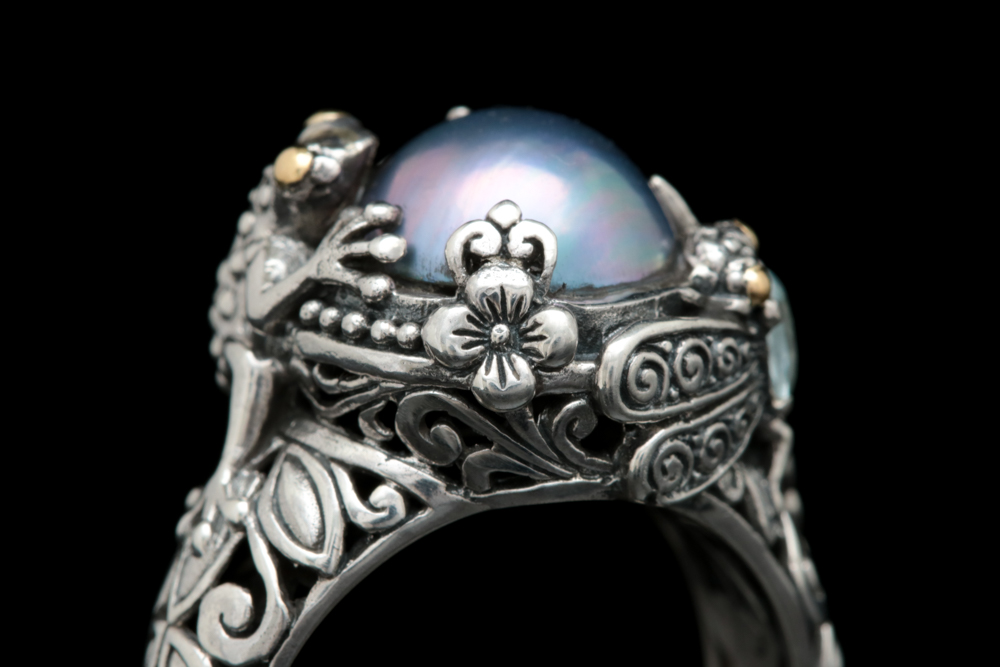 Sterling Silver, 18K Gold, Blue Mabé Pearl and Blue Topaz Cocktail Ring