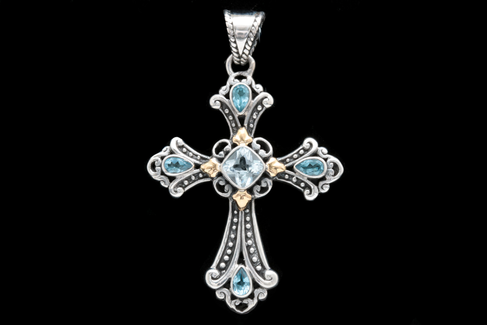 Robert Manse Sterling Silver, 18K Yellow Gold and Blue Topaz Cross Pendant