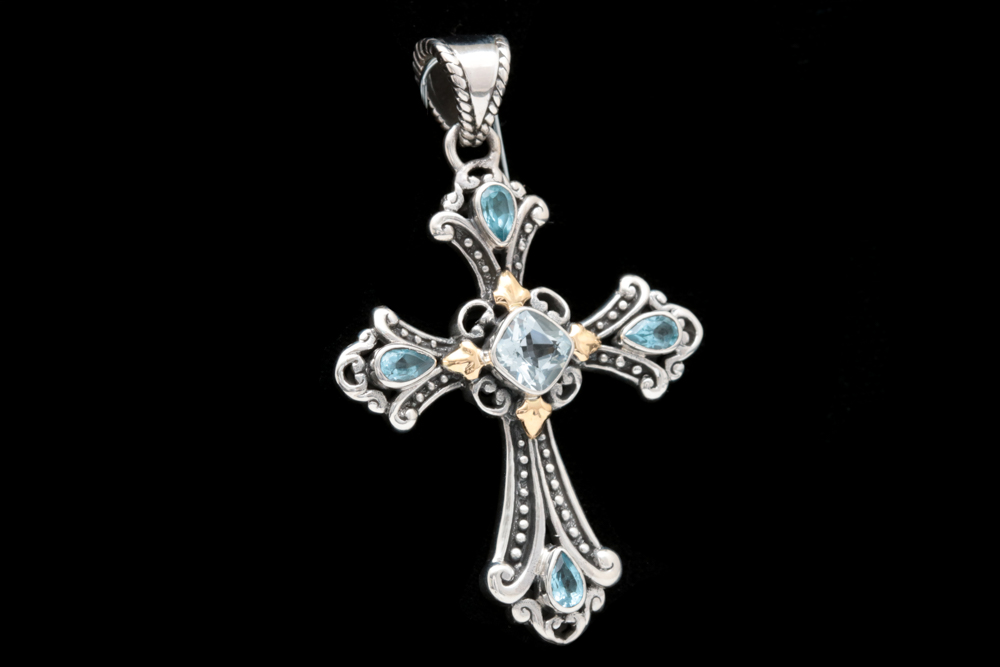 Robert Manse Sterling Silver, 18K Yellow Gold and Blue Topaz Cross Pendant