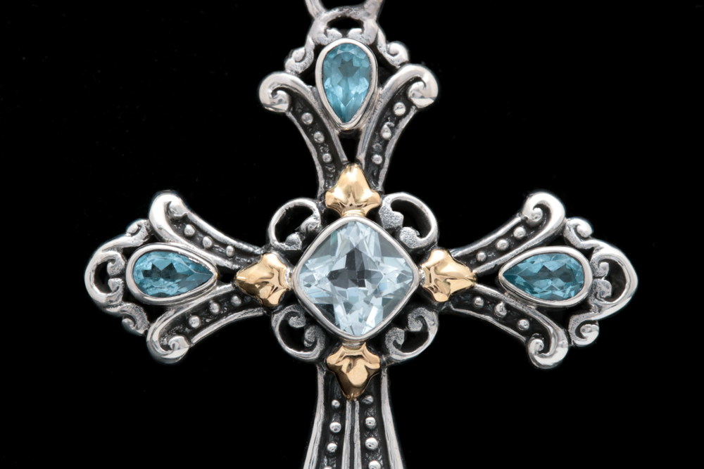 Robert Manse Sterling Silver, 18K Yellow Gold and Blue Topaz Cross Pendant